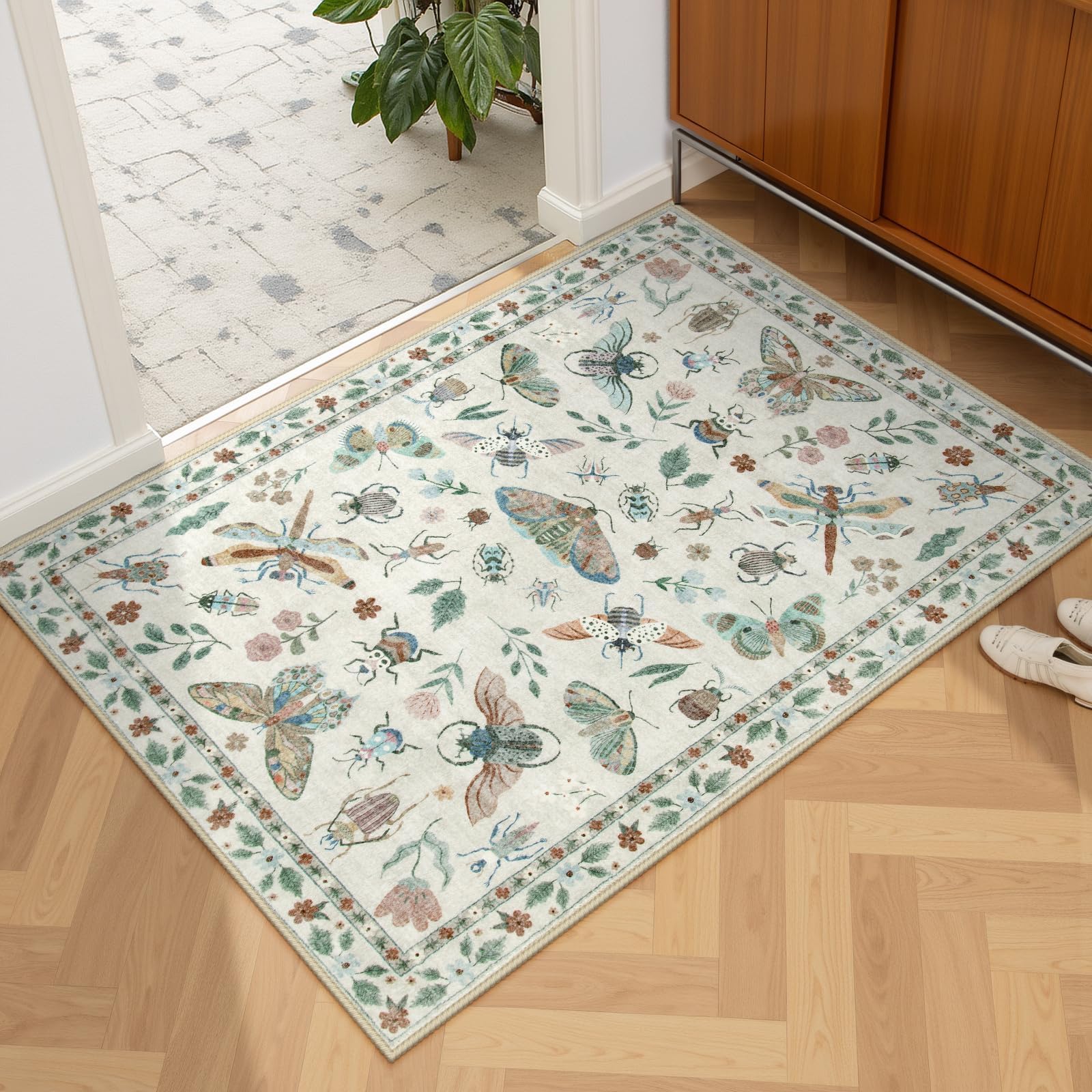 Insect Entryway Rug, 2X3 Soft Washable Kitchen Rug Non-Slip, Ultra-Thin Door Mat Indoor Entrance Stain Resistant Small Throw Carpet for Bathroom Bedroom Vionnet(2x3ft,Beige)