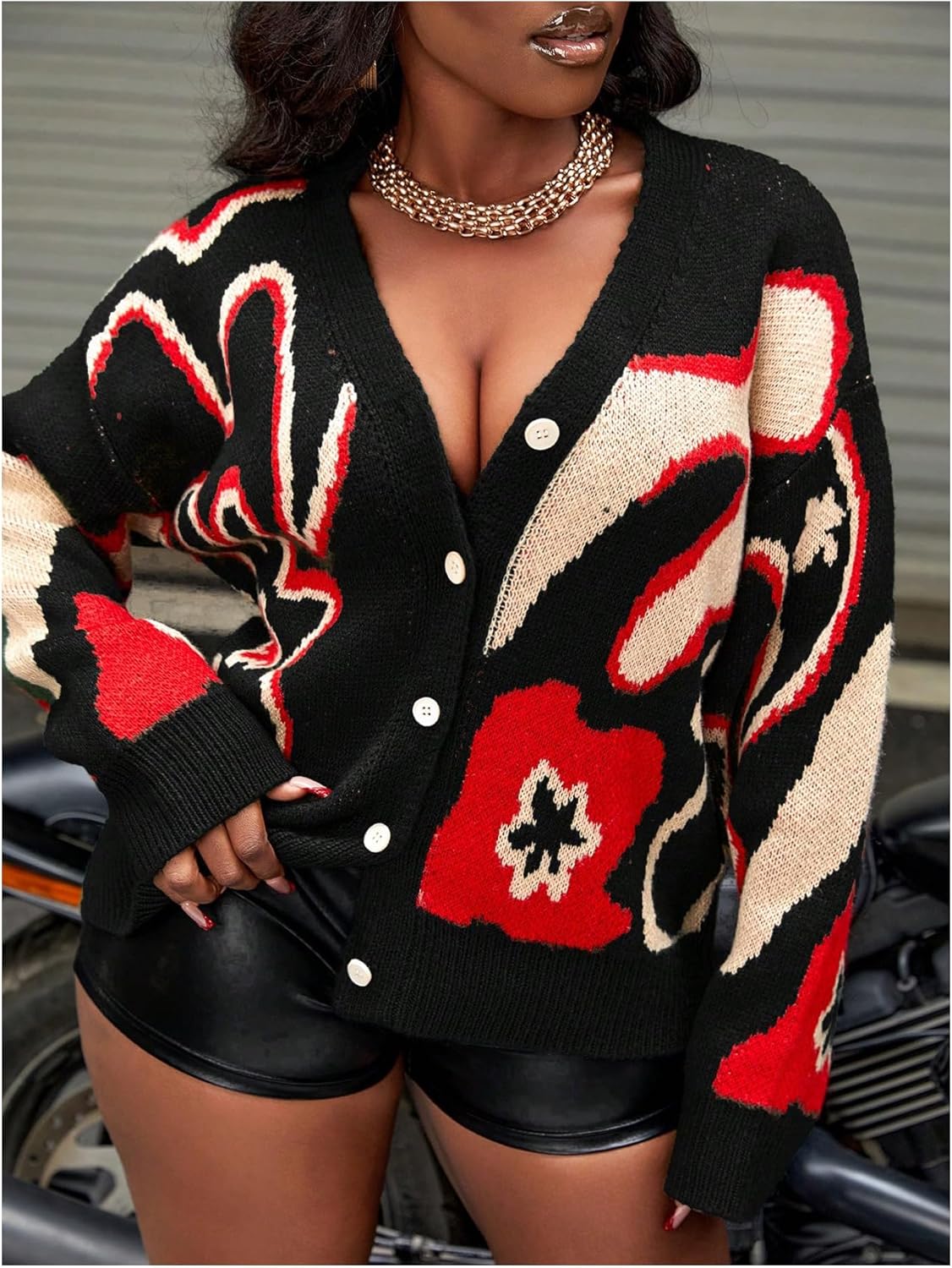 WDIRARA Women's Floral Button Down Cardigan Sweater Oversized V Neck Long Sleeve Knit Outerwear - Image 5