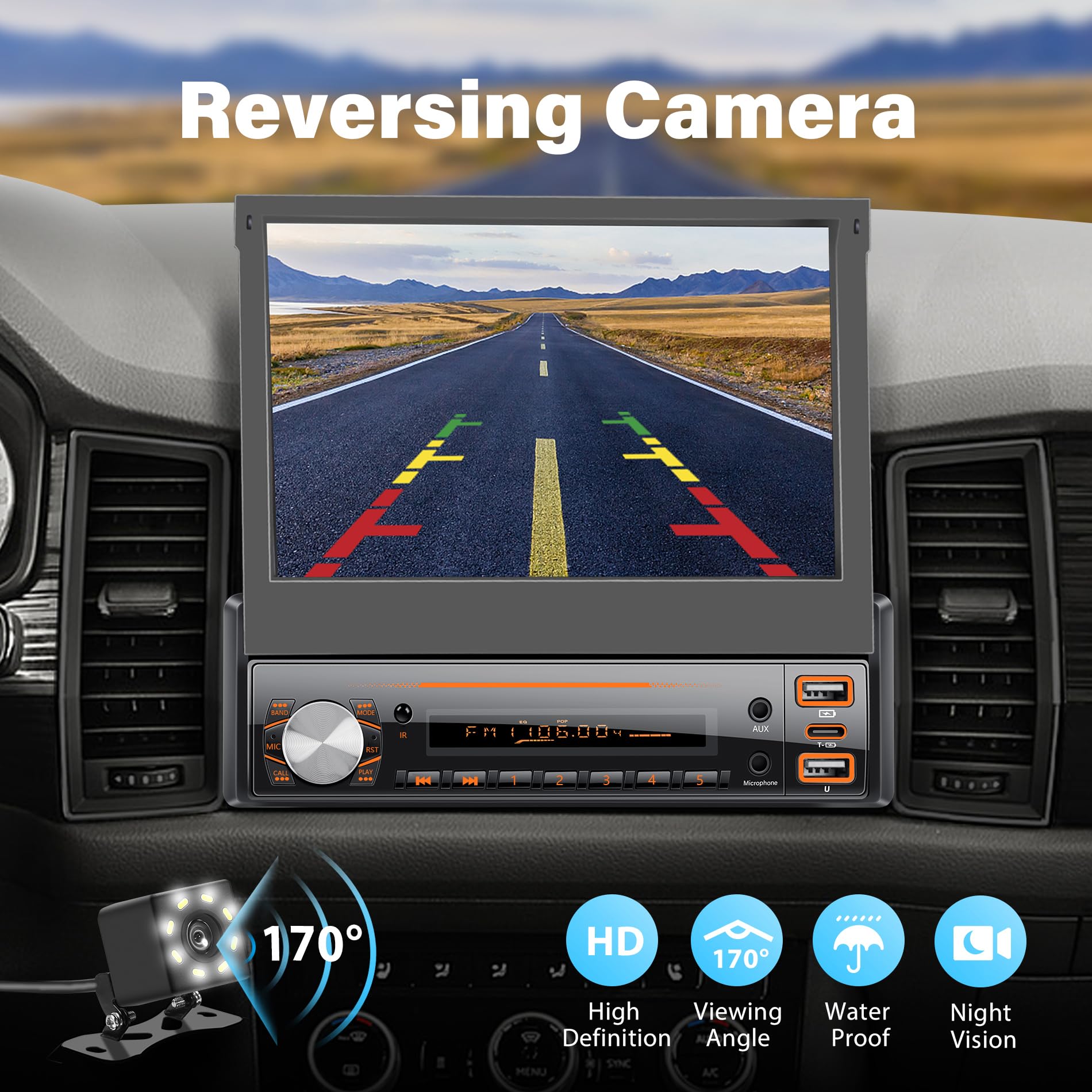 Autoradio 1 DIN con schermo con Carplay Wireless ＆ Android Auto, 7 Pollici Touchscreen Stereo Auto, Mirror Link, FM/AUX/EQ, Microfono, Telecamera di backup