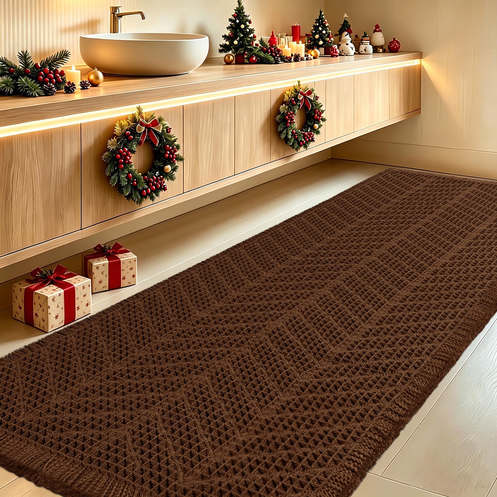 Extra Large Waffle Bath Mat, Boho Woven Modern Bath Rug Absorbent Non Slip, Ultra Soft Bathroom Mats, Machine Washable Knit Bath Rugs with Herringbones for Bathroom, Bedroom,Kitchen,Tub, 5'x2', Brown