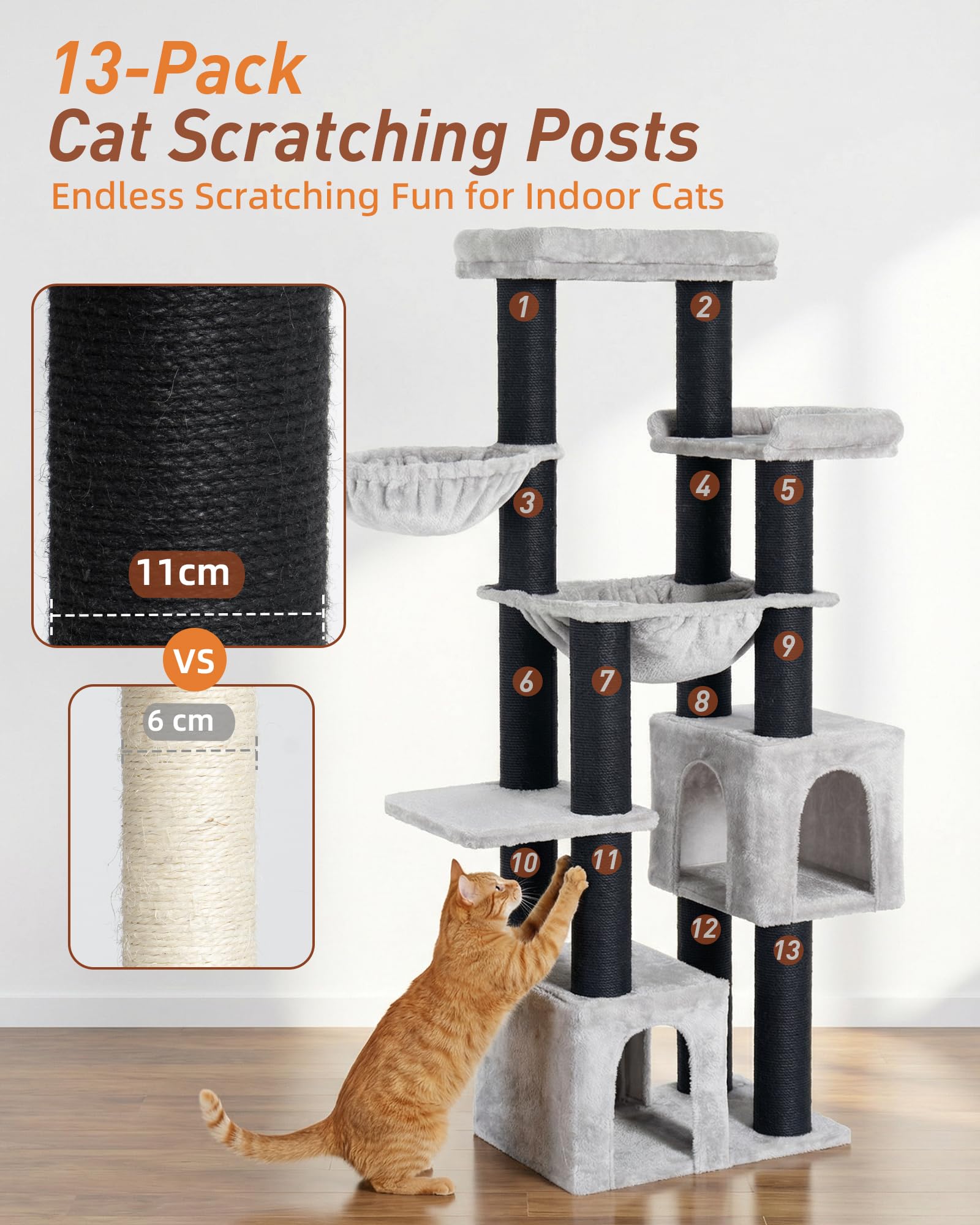 Rascador Grande, 164 cm, para Gatos Grandes, Estable con Troncos de 11 cm, 2 hamacas, 2 Plataformas de Peluche, 2 Cuevas, árbol para Gatos Grandes como Maine Coon