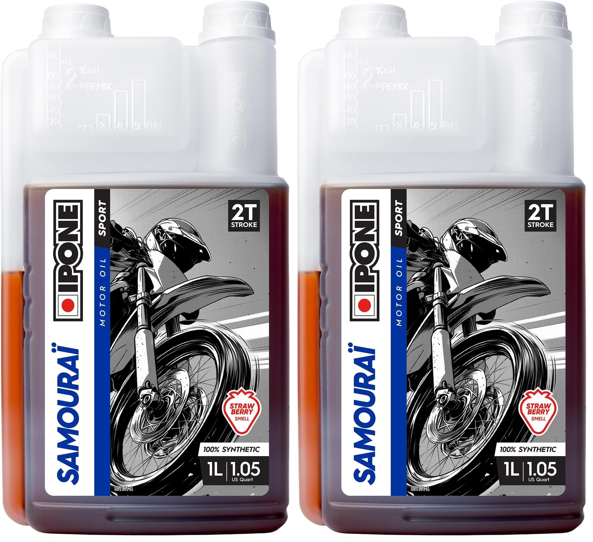 IPONE - Huile Moteur Moto 2 Temps Samouraï Racing - Senteur Fraise - 100% Synthétique - Très Haute Performance – Compatible Mélange, Graissage Séparé, Systèmes d'injection - Bidon Doseur 1 L