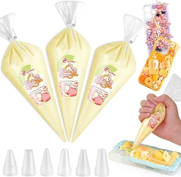 Cream Glue, 3PCS Milk Yellow Whipped Cream Glue Kit Each 100g with 6PCS Piping Tip, DIY Phone Case Kit for Decoration Craft Gift Fun for Birthday, Christmas