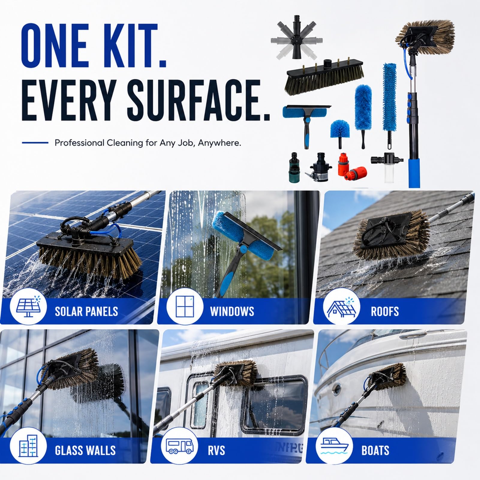 Kit para Limpiar Paneles Solares,Pértiga de Fibra de Carbono | 12-40 FT con Agua para Ventanas,Tejados,Canalones,Barcos,Caravanas,Fachadas y Cristales(3.6M)