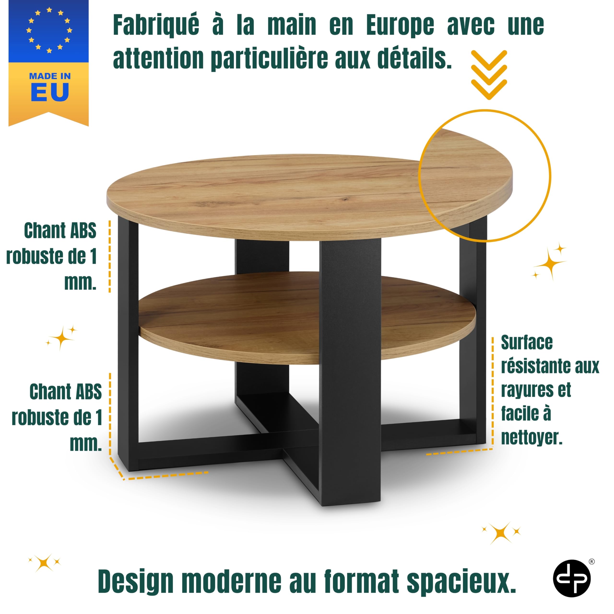 defiPad Table Basse Ronde Ø70 cm – Table d’appoint Bout de canapé avec étagère, 2 Niveaux, Meuble de Salon Moderne, Blanc et chêne, Design Industriel, fabriquée en UE (Noir et Chêne)
