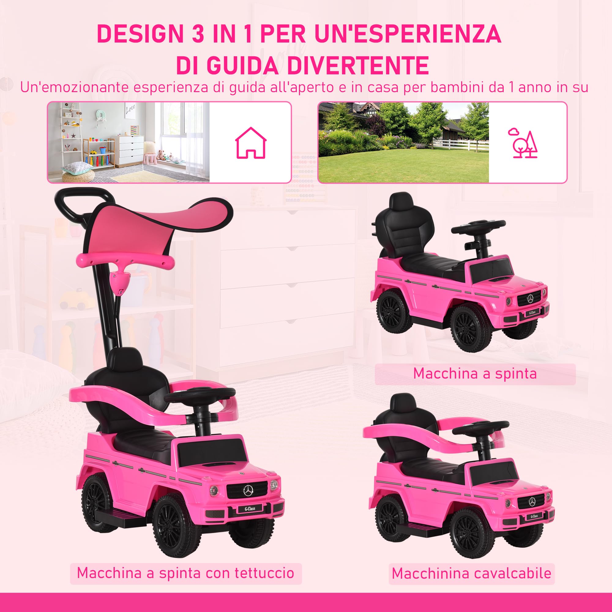 HOMCOM Macchina a Spinta per Bambini 12-36 Mesi con Licenza Mercedes-Benz G350, Giocattolo Macchina Cavalcabile con Tettuccio e Maniglia di Spinta, 85.5x40.5x95 cm, Rosa