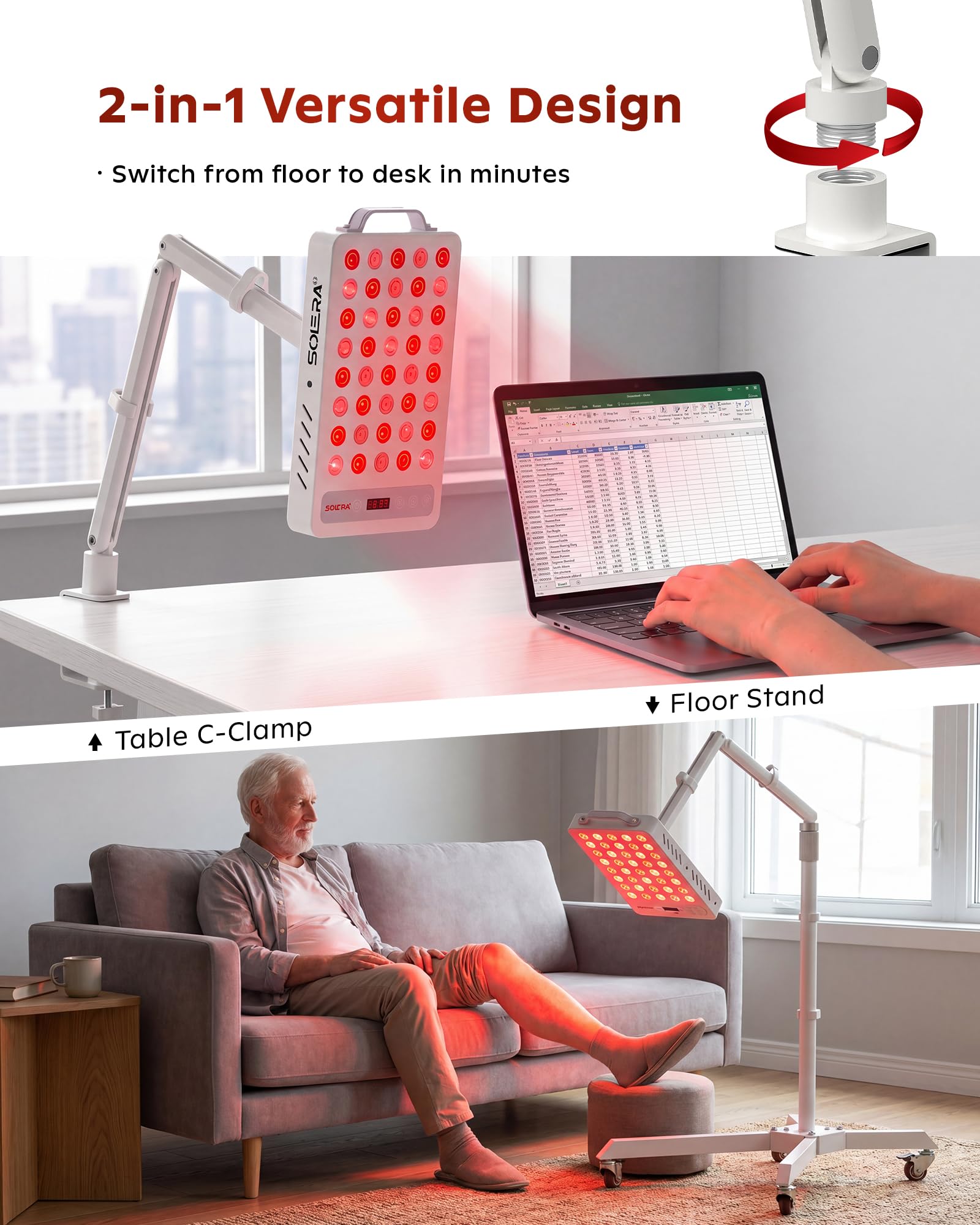 SOLRA Supporto mobile da pavimento per pannelli di terapia della luce rossa, regolabile in altezza da 114,3 a 144,8 cm, supporto girevole con VESA 75 x 75 mm, resistente, capacità 11,8 kg, per lampade