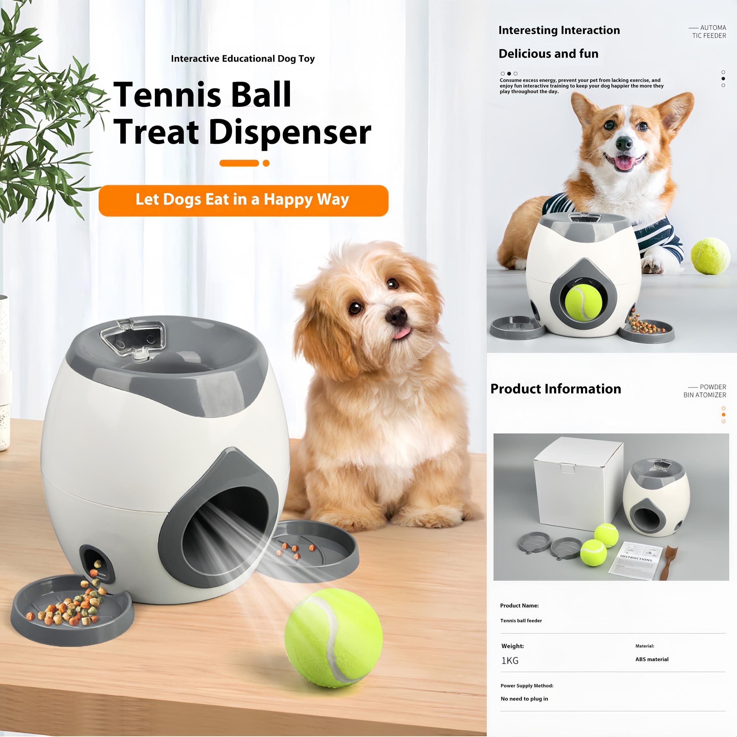 Lanceur Automatique de Balle ABS pour Chien avec 2 Balles de Tennis, 2 Plateaux et 1 Cuillère - Gris