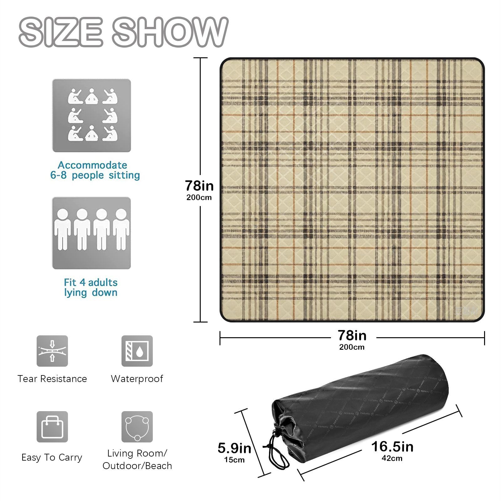 Vintage Buffalo Plaid Kratka Beżowy Duży Koc Plażowy Wodoodporny Wiosna Mata ogrodowa dla ludzi na zewnątrz