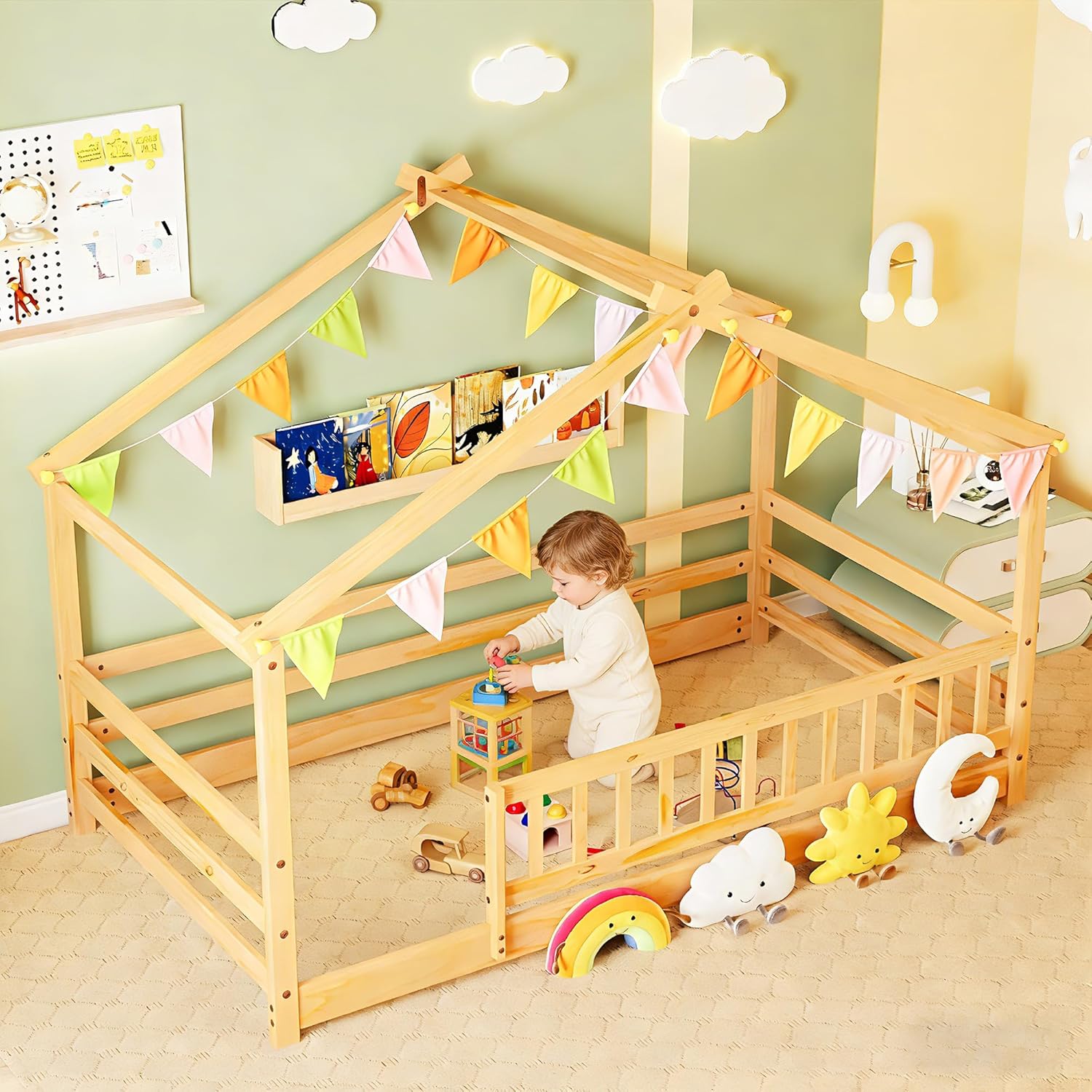 Twin House Bed, Montessori Floor Bed with Headboard & Footboard, Solid Wood Bed Frame for Toddlers Teens Bedroom (Natural, Floor Bed with Fence)