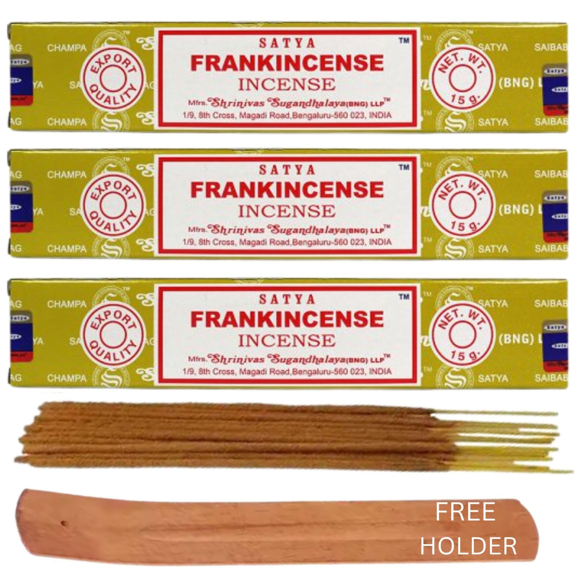 Fenny's Creations Satya Frankincense Nag Champa Incense Sticks Pack Of 3 X 15G With Free Holder Agarbatti For Home, Outdoor, Aromatherapy, Spa, Yoga, Meditation, Healinger)