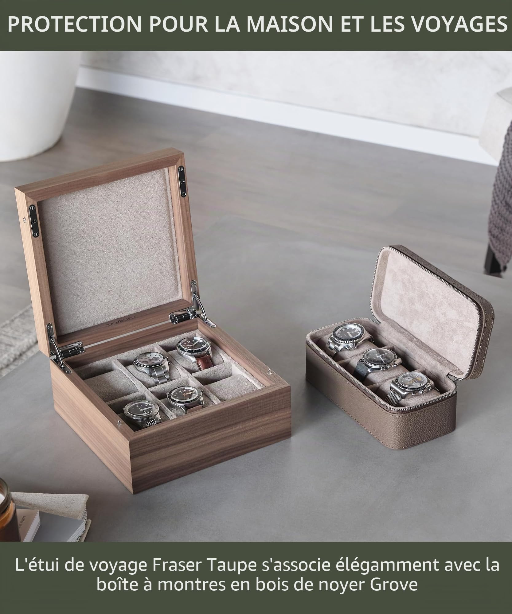 TAWBURY Boîte de rangement portable à 3 emplacements pour montres pour la maison et les voyages avec coussins extra larges pour grandes montres et compartiment pour rangement d'accessoires (taupe)