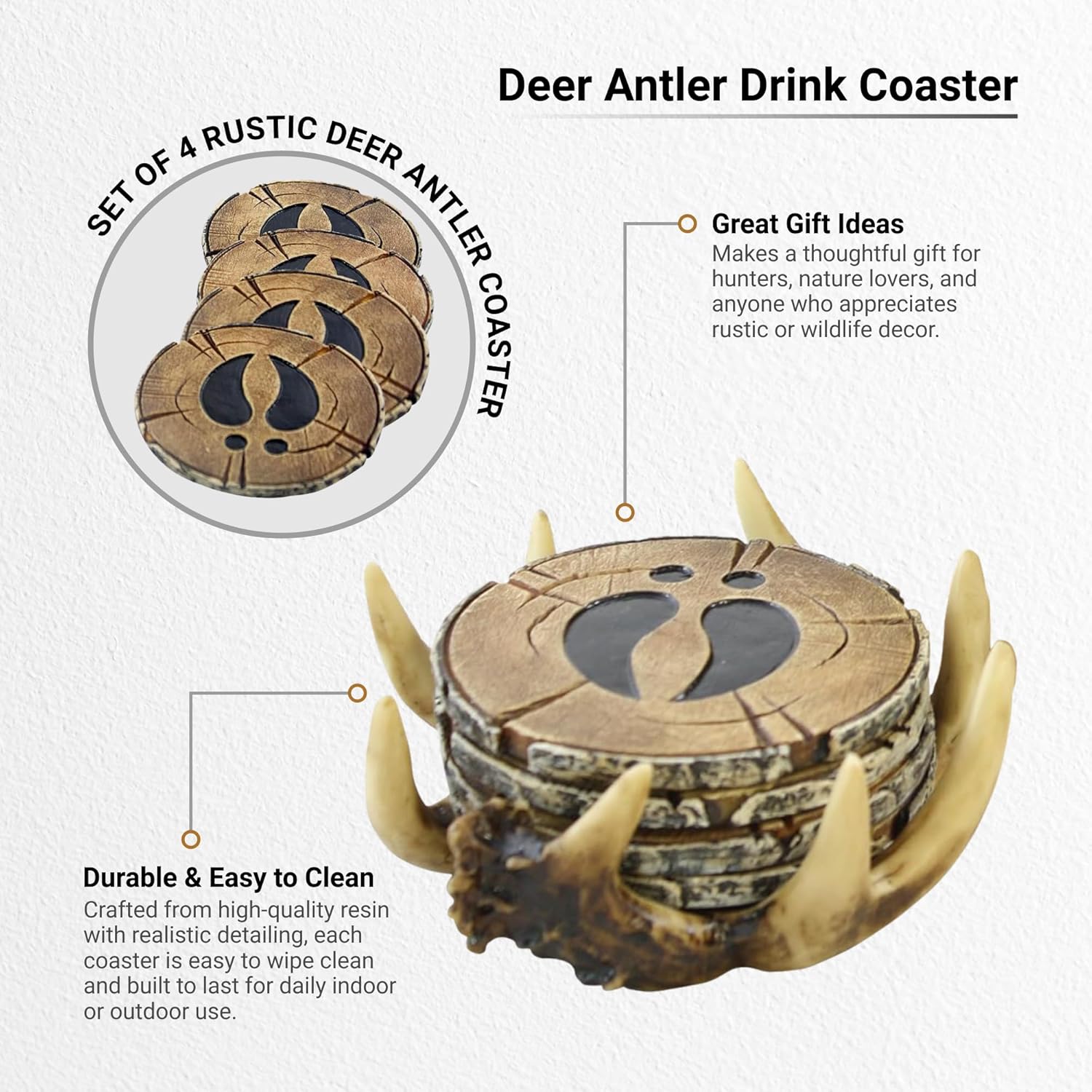 Pine Ridge Deer Antler Drink Coaster Set of 4 Old West Decor - Home Table Beverage Coaster with Holder - Drink Glass Holder with Outdoors Rustic Cabin Theme - Image 2