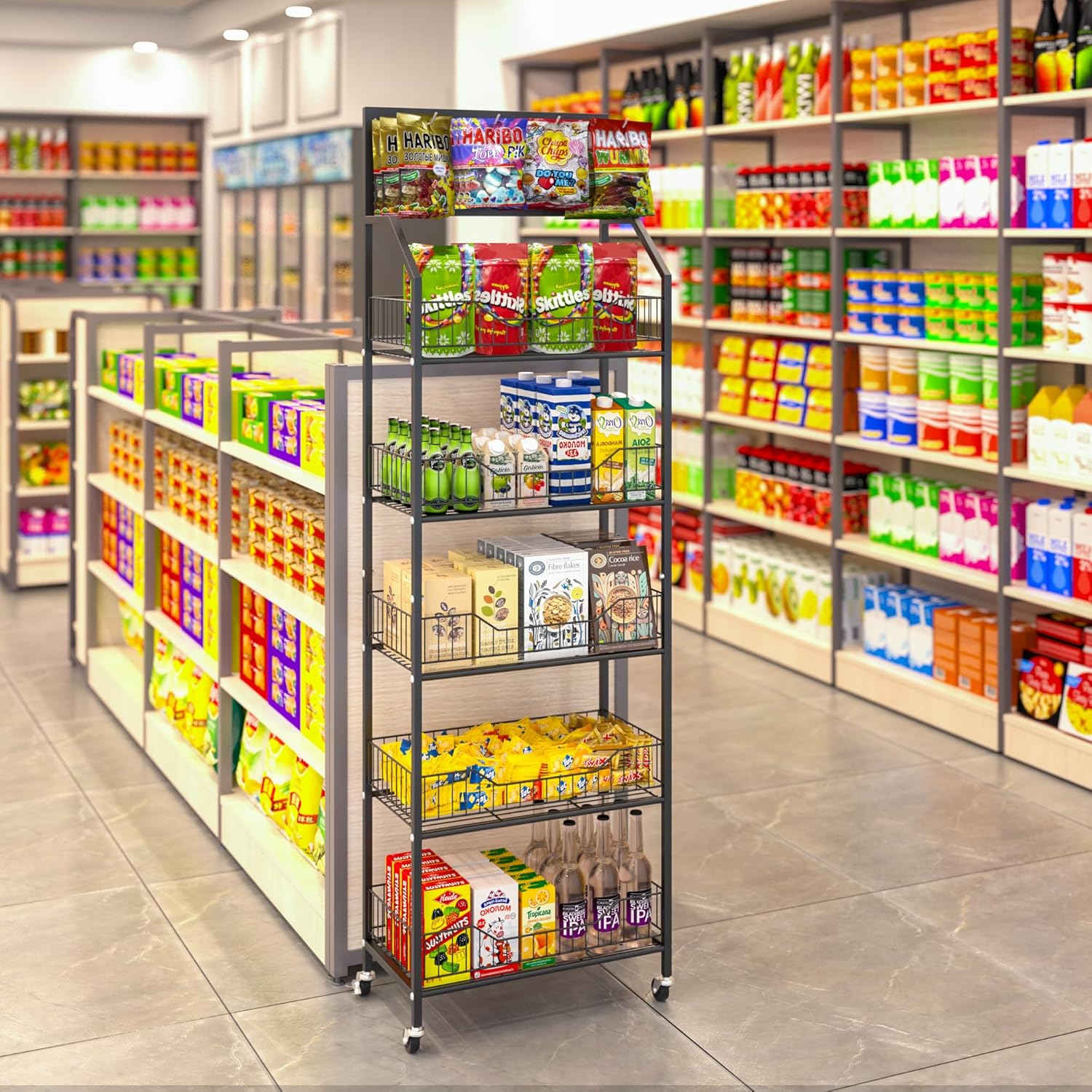 5 Tier Retail Storage Rack, Snack Rack Display Stand, Retail Display Organizer Shelves with Hooks & Wheels, Metal Snack Shelf for Store Home Kitchen, Black Chip Rack Display Stand (5 Tier)