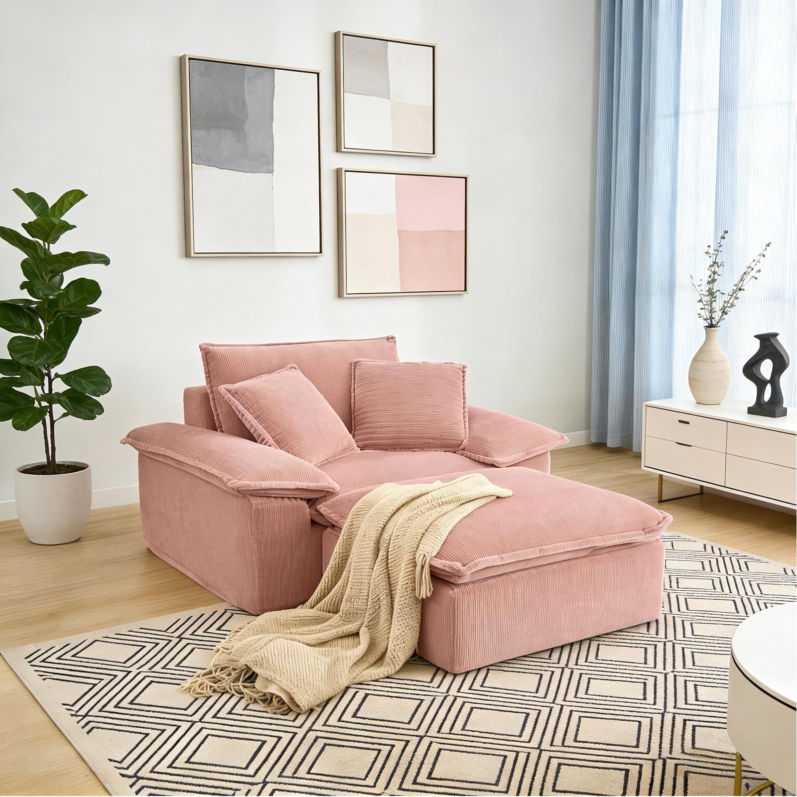 48 Chaise Lounge Chair Indoor Oversized Corduroy Upholstered Sleeper Couch with Ottoman Cloud-Like Boneless Sofa Bed for Small