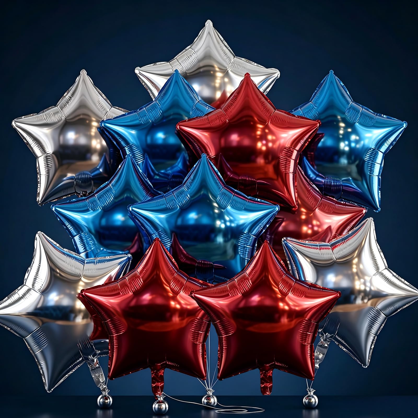 12PCS Metallic Star Balloons, 18 Inch Red Blue Silver Foil Balloons for Party Decorations - Self-Sealing, Reusable, Helium & Air Fillable