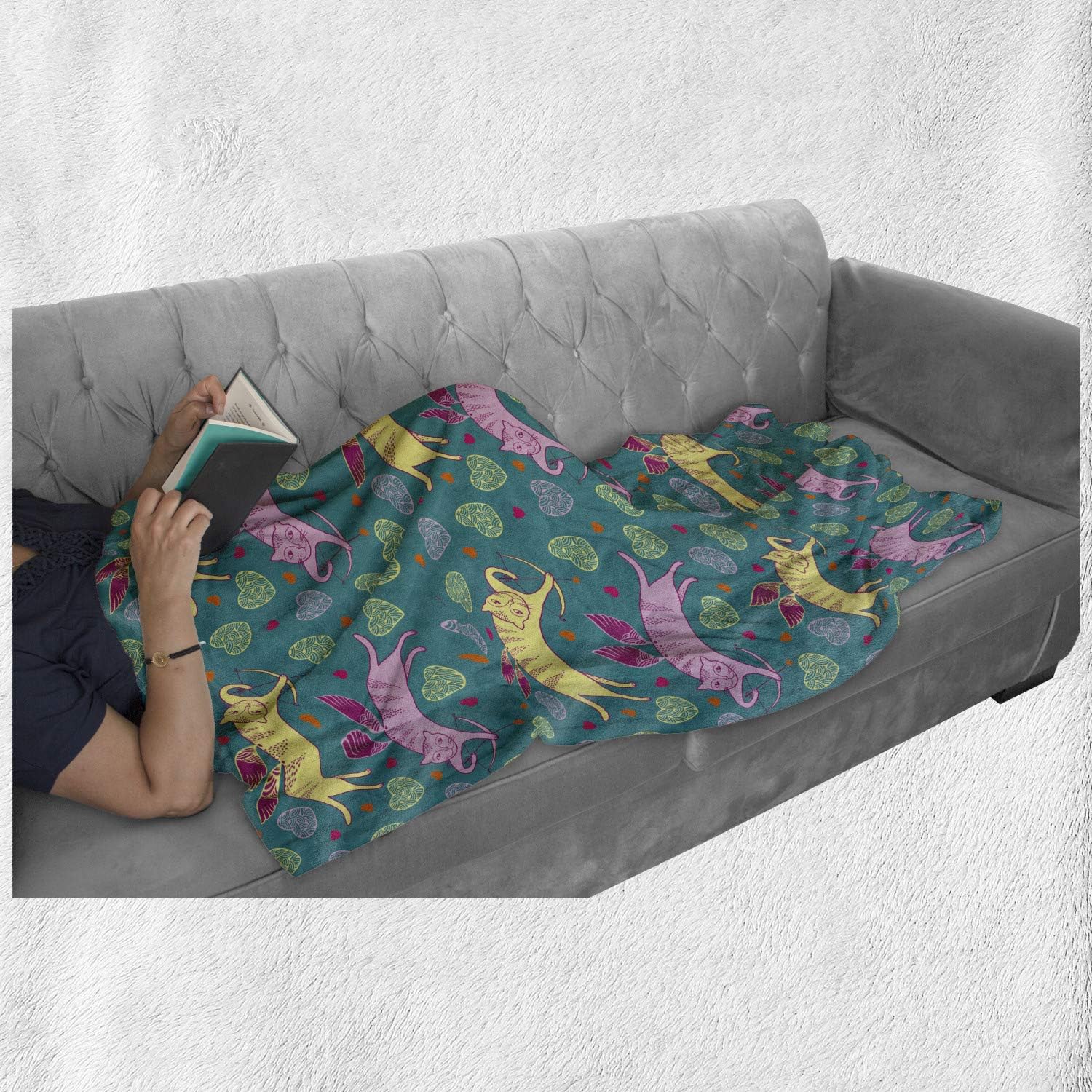 Lunarable Valentine Throw Blanket, Cats with Wings and Arrows Colorful Hearts Cupid Themed Romantic Illustration, Flannel Fleece Accent Piece Soft Couch Cover for Adults, 50" x 60", Multicolor