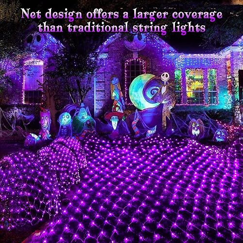 Miniatura 5 de Luces de red de Halloween, 200 luces LED de 8.2 pies x 4.9 pies, luces moradas de Halloween con 8 modos, temporizador, conectable, diseño de alambre