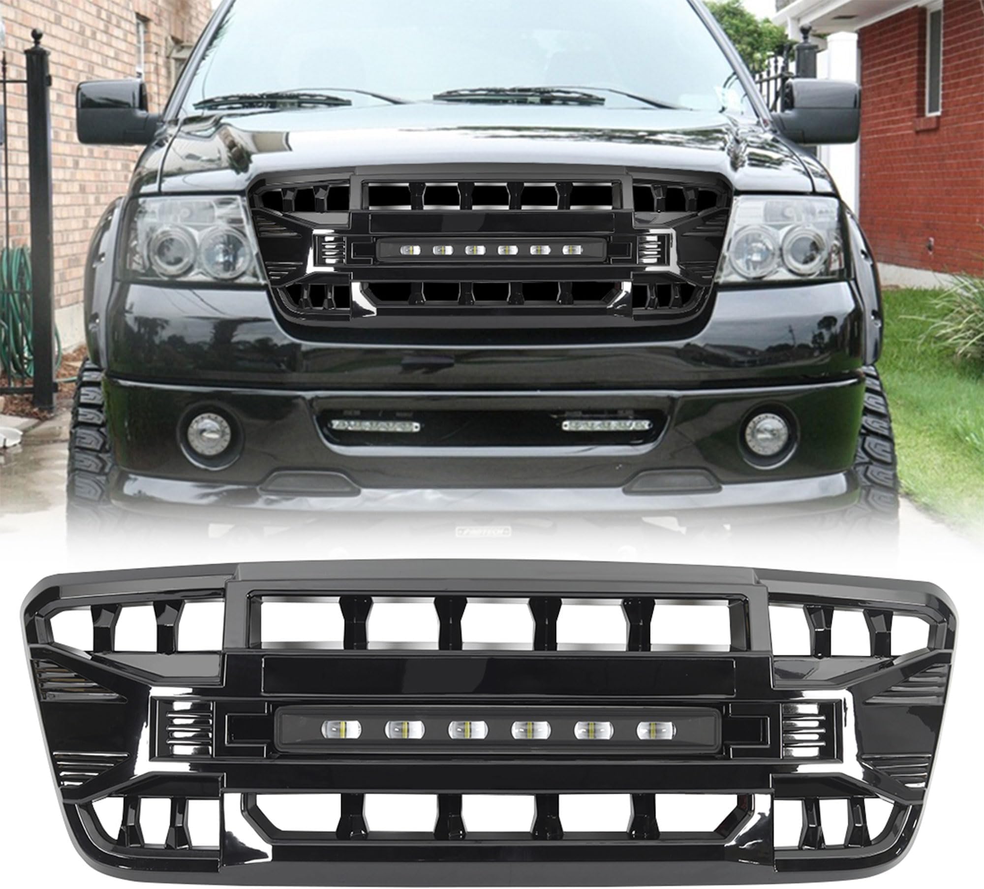 AMERICAN MODIFIED Direct Fit Replacement Front Armor Grille Compatible with 2004 to 2008 Ford F150 with Off Road LED Light Bar, Glossy Black