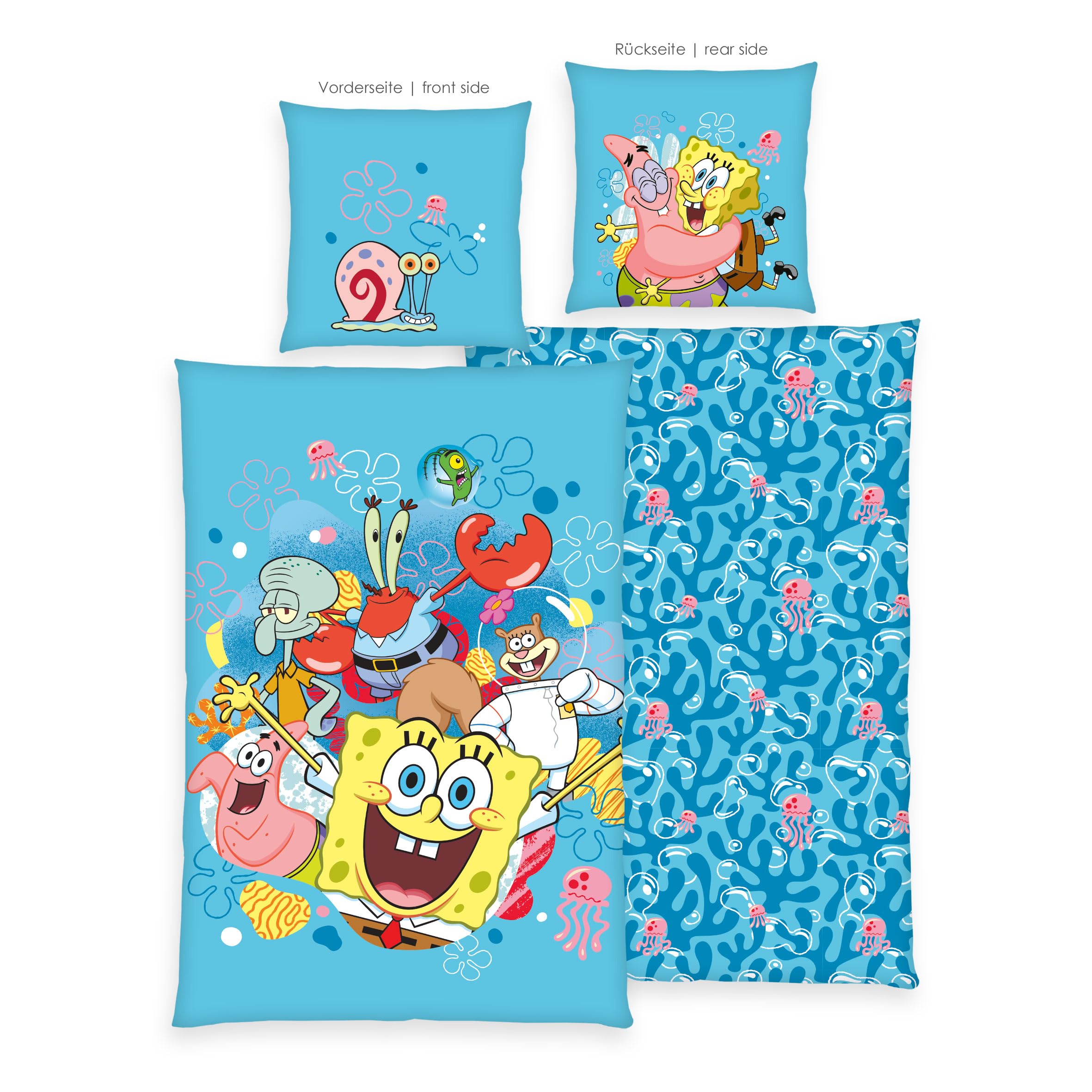 Herding Parure de Lit Bob l'Éponge, Taie d’Oreiller env. 80 x 80 cm, Housse de Couette env. 135 x 200 cm, Avec Fermeture Éclair et Motif Réversible, 100% Coton/Renforcé