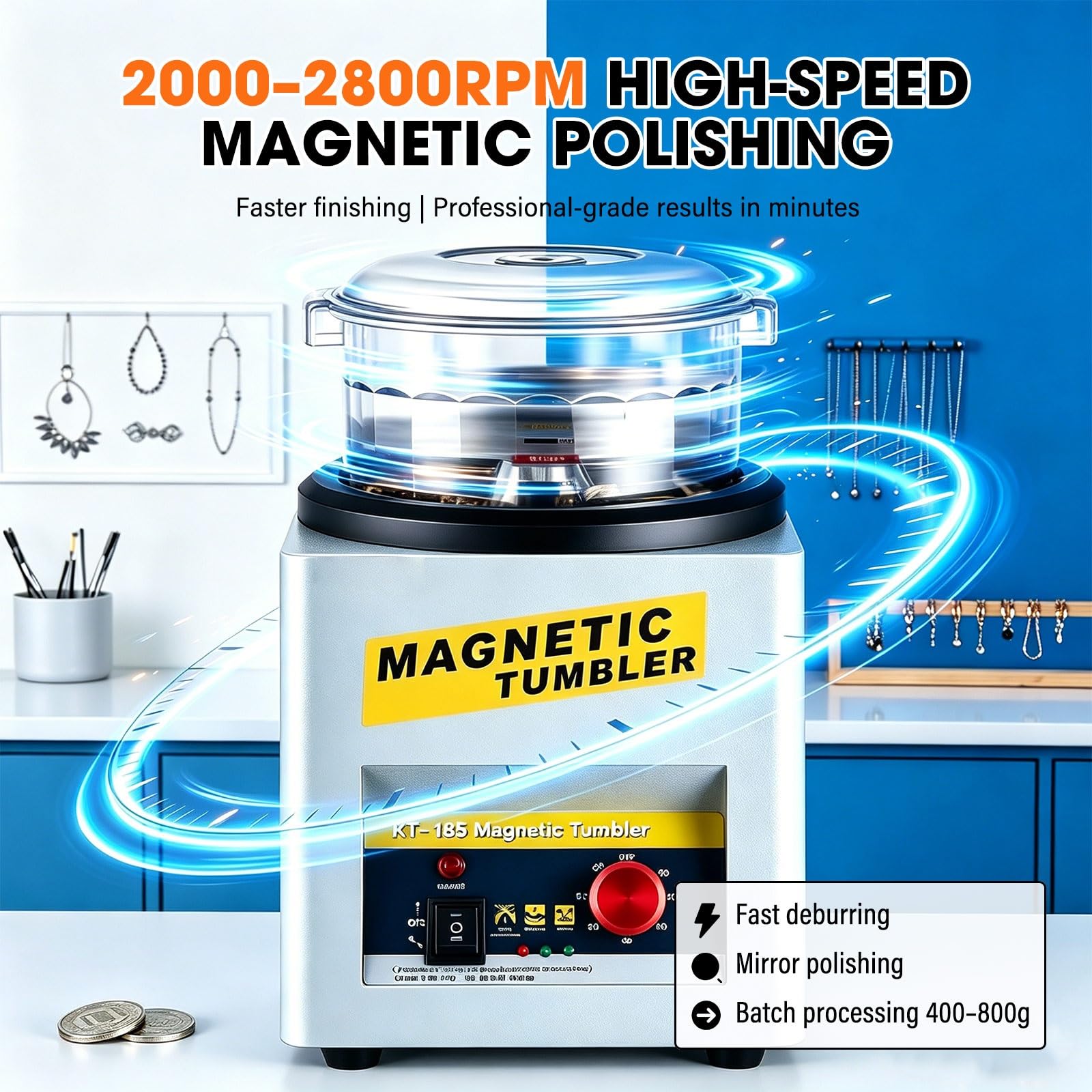 Polerka Magnetyczna Biżuterii 2000-2800rpm Bęben 400-800g Metal Polishing Maszyna Złoto Srebro Miedź Stal Nierdzewna Małe Precyzyjne Elementy(KT100)