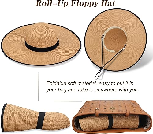 Miniatura 4 de Naivlizer Sombrero de sol de ala ancha para mujer, UPF50, sombrero de paja para verano, sombrero de playa flexible enrollable