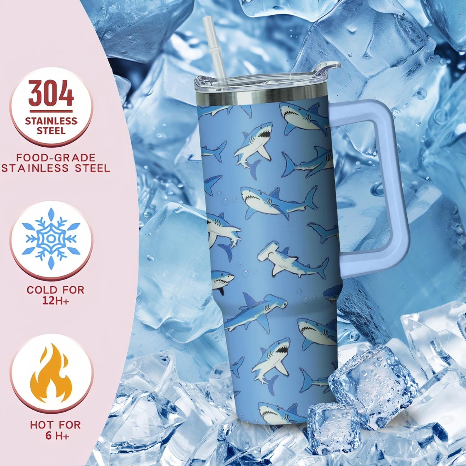 30 oz Shark Tumbler with Handle and Straw, Insulated Stainless Steel Cup with Lid, Travel Coffee Mug Water Bottle, Gifts for Woman Animal Lovers - Image 4