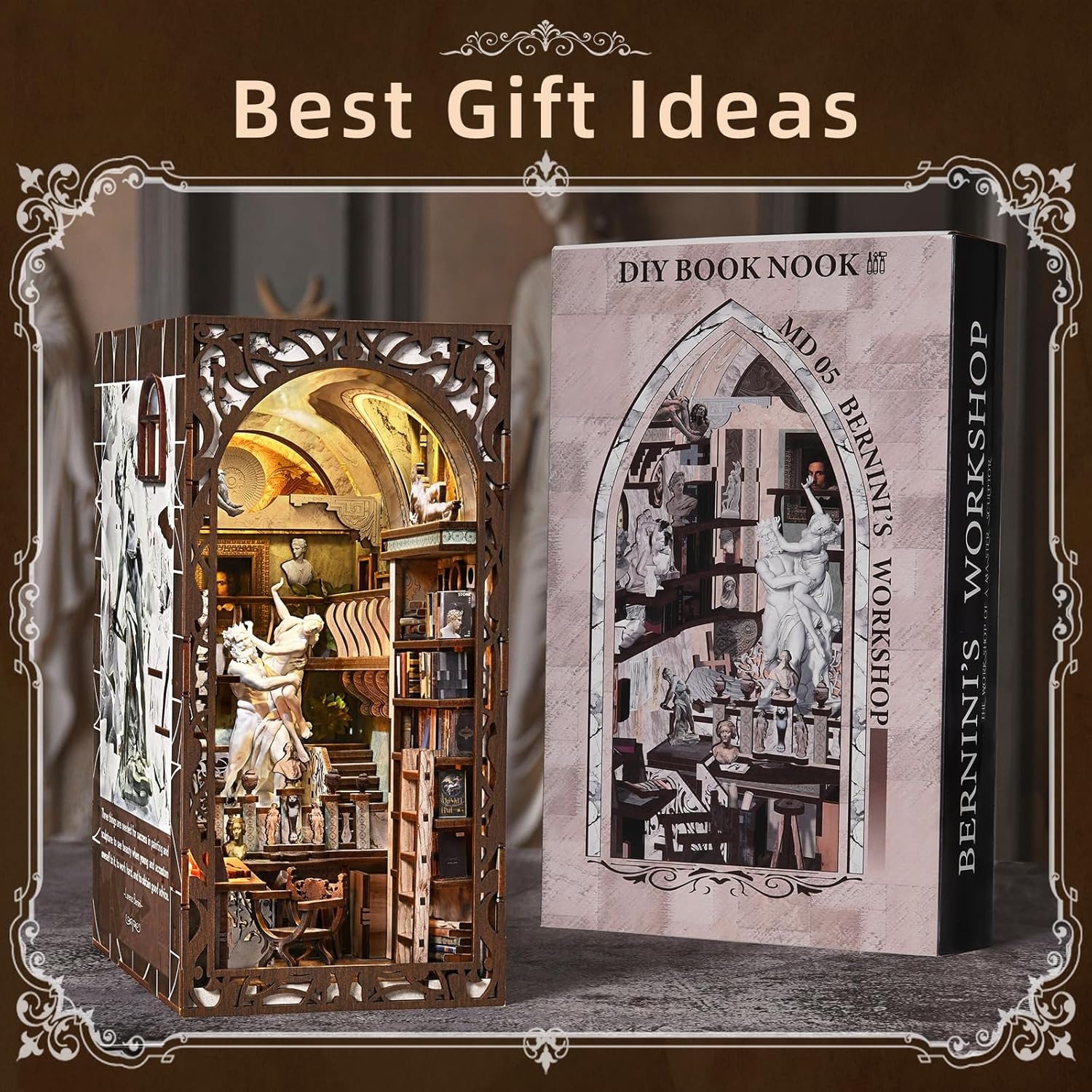 DIY Book Nook Library Kit, Miniature Dollhouse Booknook Kit, 3D Wooden Puzzle Bookend Bookshelf with LED Light for Teens and Adults (Bernini's Sculpture Workshop)