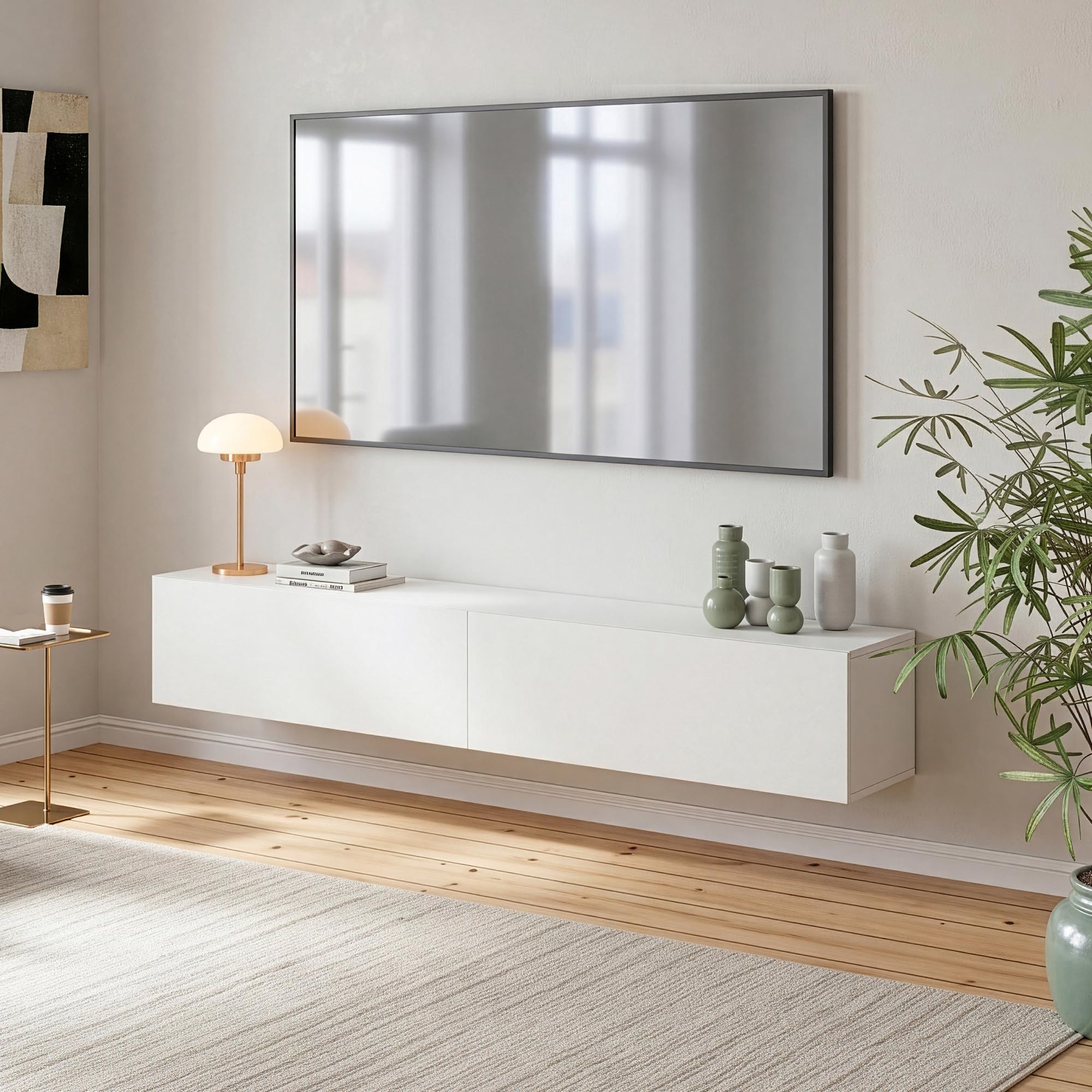 [en.casa] Meuble TV Mural Evaton 180 x 32 x 30 cm avec 2 Portes Abattantes Support Télé Flottant Étagère Moderne avec 2 Compartiments de Rangement Salon Chambre Bureau Blanc Mat