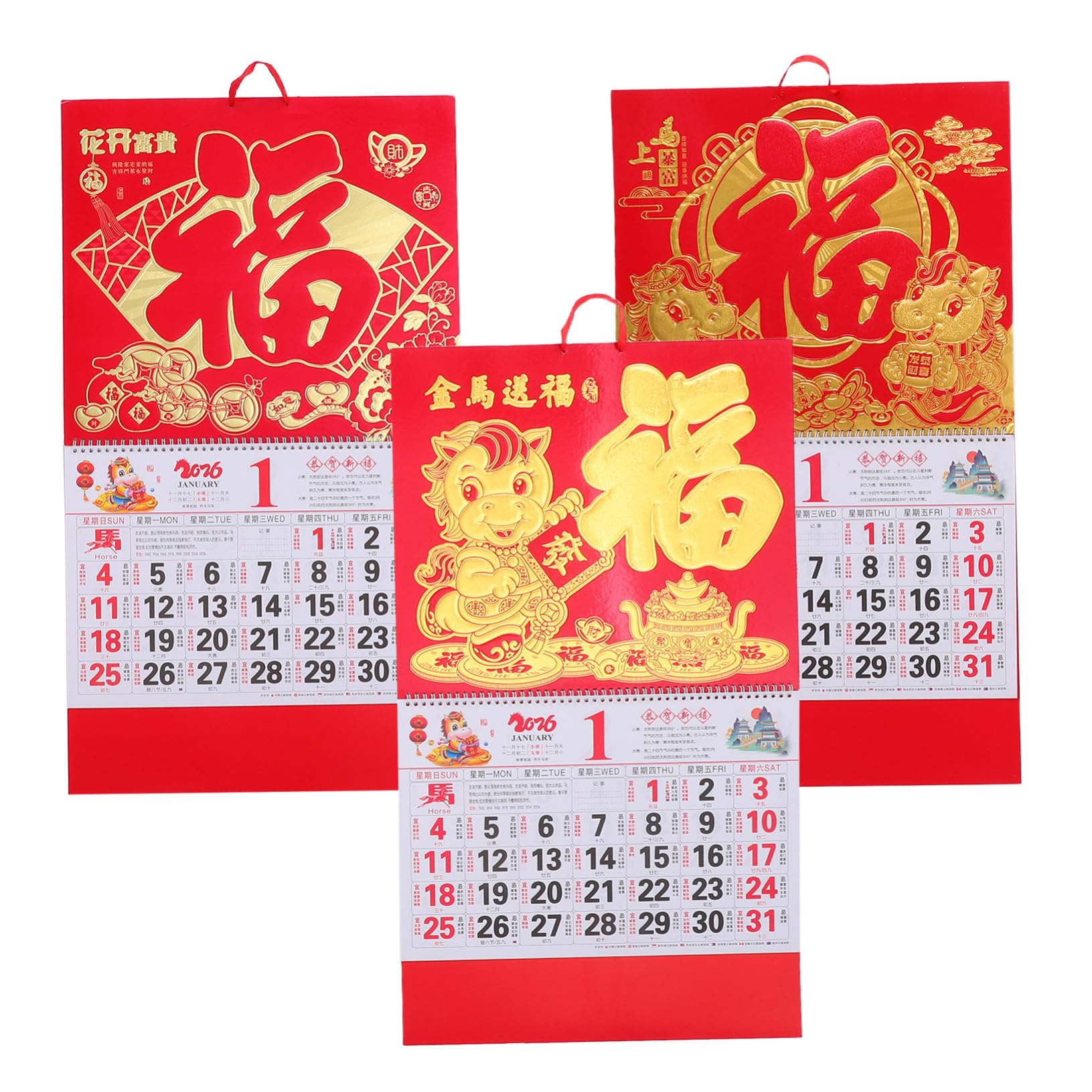 3 piezas Calendario de Pared Chino con Diseño Año del Caballo Calendario Lunar y Gregoriano Completo Acabado Mate Artístico Planificador Mensual Grande para Hogar y Oficina