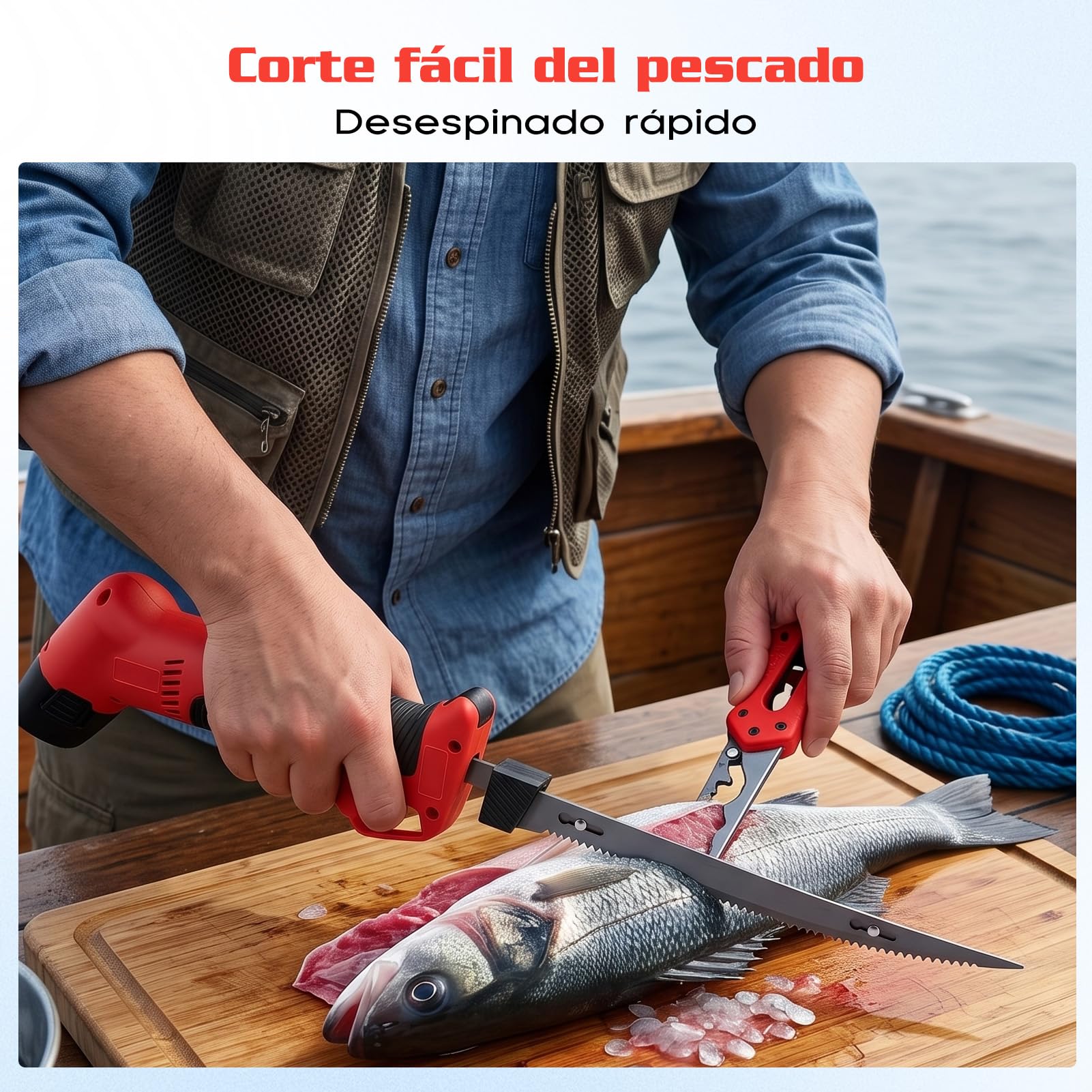 Cuchillo Eléctrico Cuchillo Eléctrico Inalámbrico para Filete con 4 Cuchillas de Acero con Alto Contenido de Carbono 26-39 Cm 2 Baterías Mango Antideslizante Interruptor