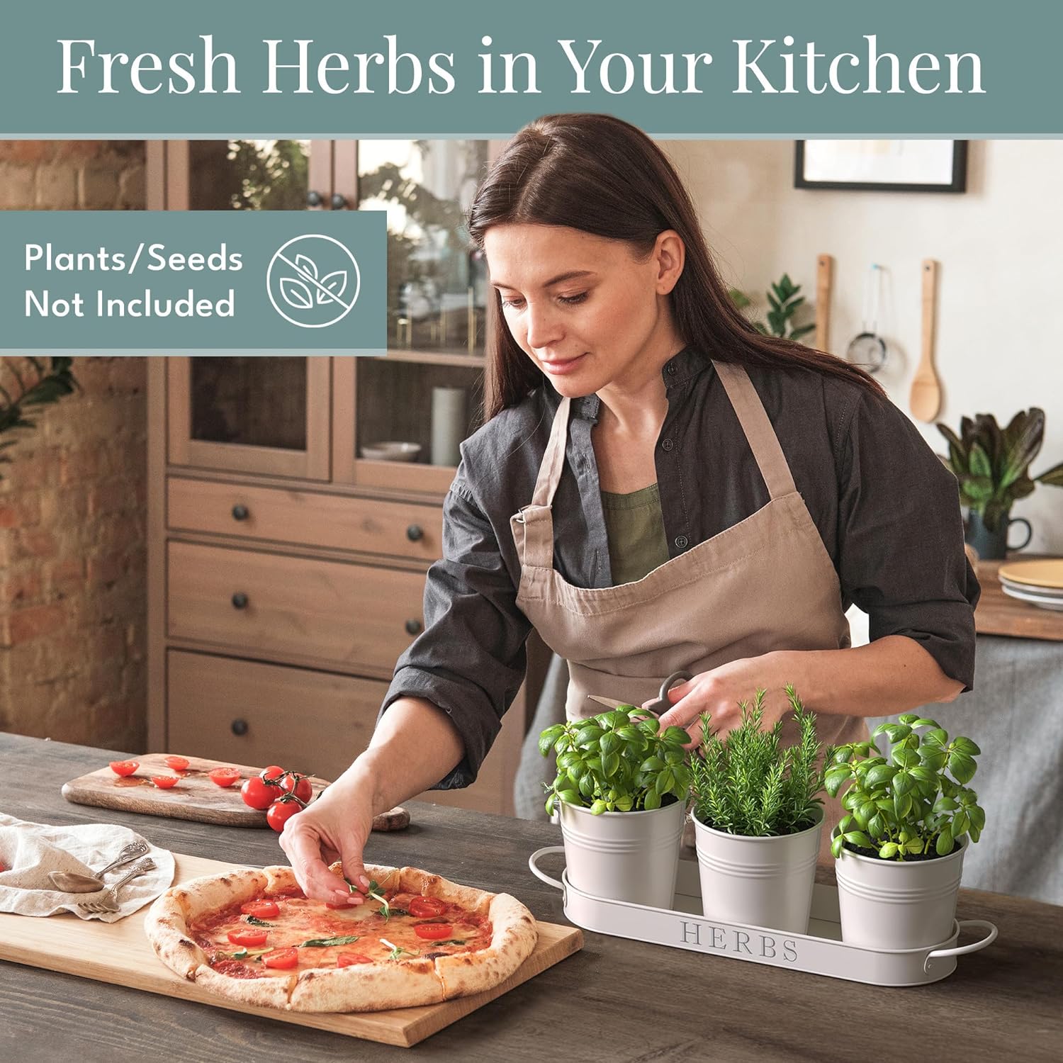 Barnyard Designs Indoor Herb Garden Planter Set with Tray, Metal Windowsill Plant Pots with Drainage for Outdoor or Indoor Plants, Set/3 (White) - Image 2