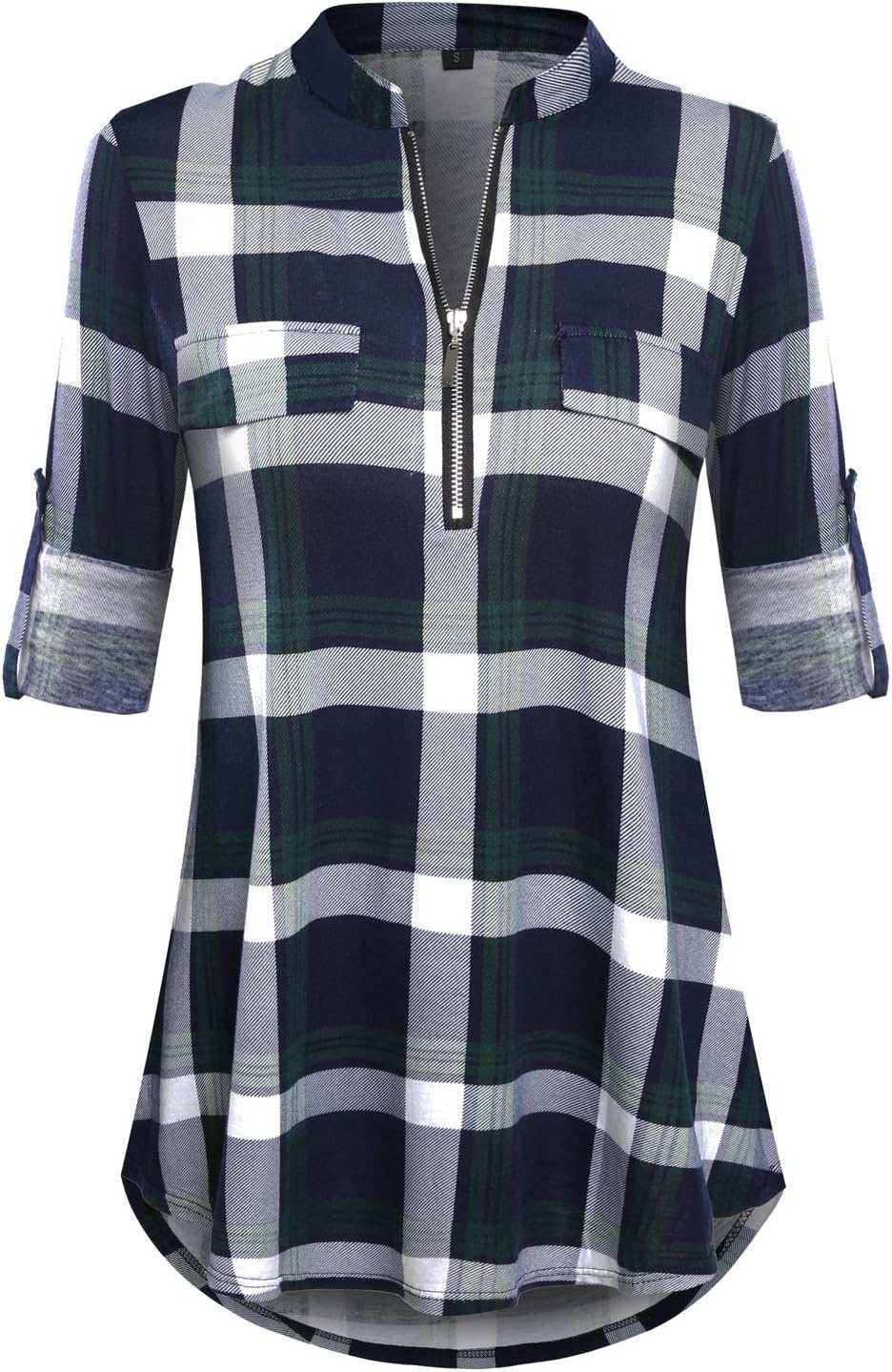 DILISHA Women's Plaid Shirt 3/4 Roll Up Sleeve Zipper V Neck Casual Blouses Tunic Tops