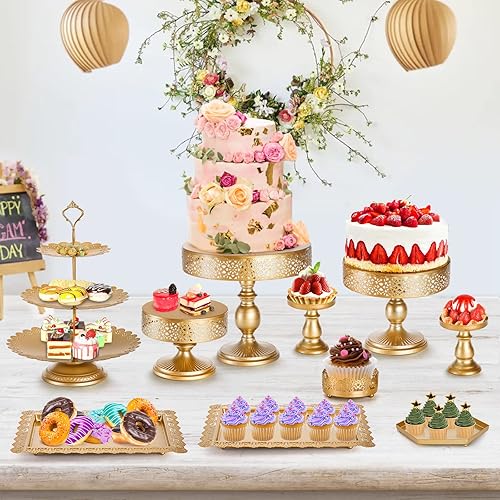 Miniatura 8 de Peohud 10 soportes dorados para tartas, torre redonda de metal para cupcakes, plato decorativo de postre de frutas y dulces para bodas,