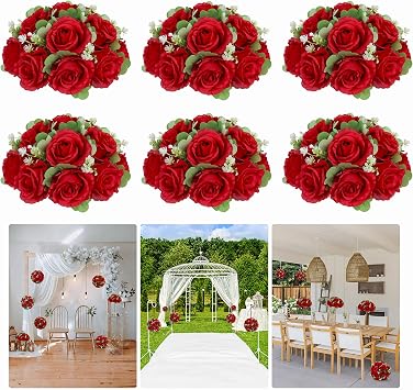 6-Pack Red Artificial Flower Balls Wedding Centerpieces for Tables