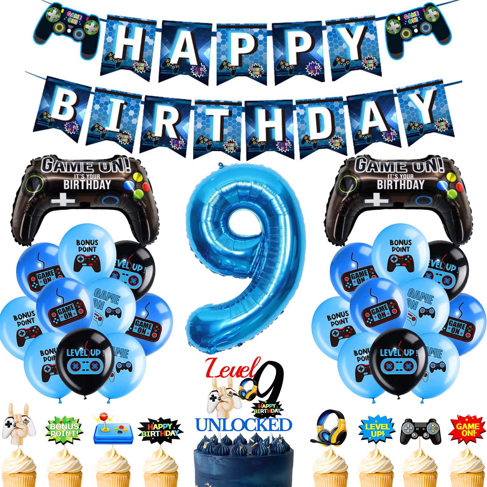 9th Birthday Party Decorations Boys - 33pcs Blue Gaming Birthday Decorations Including Game Controller Foil Balloons Number 9 Balloon Happy Birthday Banner Level Up Cupcake Toppers for Kids Supplies — image 1