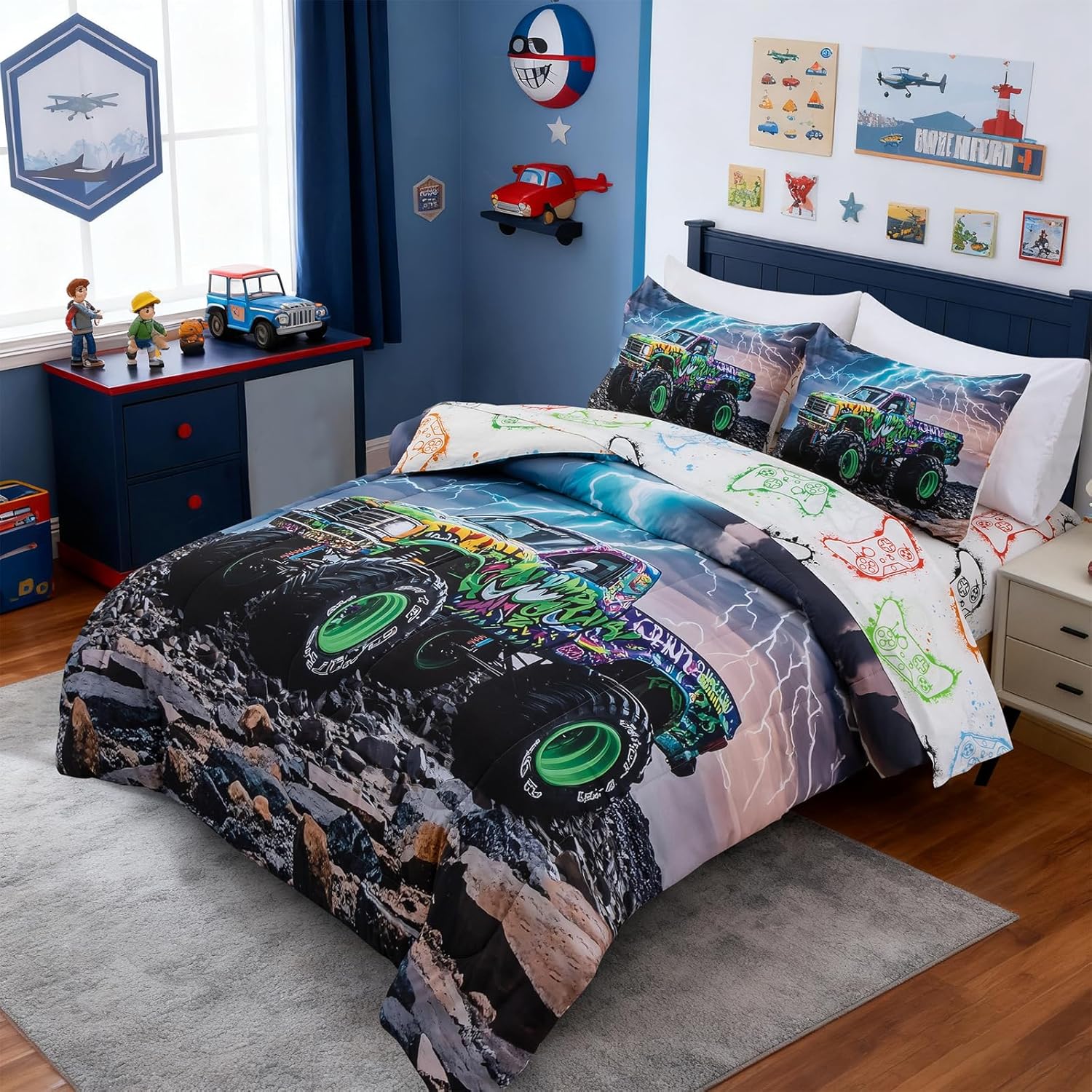 Holawakaka Boys Girls Twin Size Lightening Truck Print Bedding Comforter Set with Sheets, Racing Car Printed Bed in A Bag 5 Pieces Kids Dorm Reversible Bed Sets,Twin