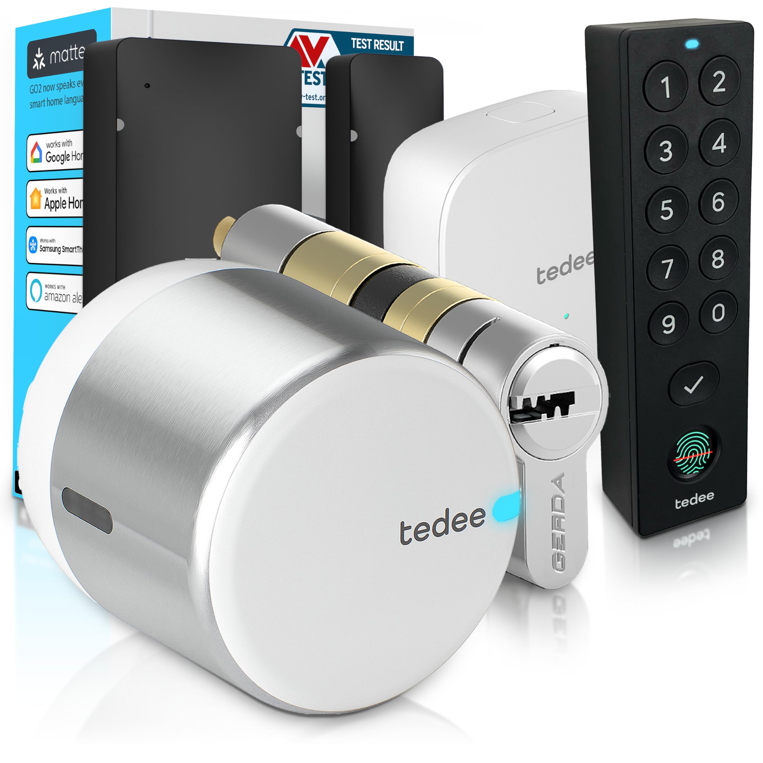 Tedee GO2 Alu Serrure intelligente avec WiFi, cylindre Exxo Smart, empreinte digitale et capteur de porte, sécurité classe 6, accès à distance et verrouillage automatique sans clé | Alexa, Google