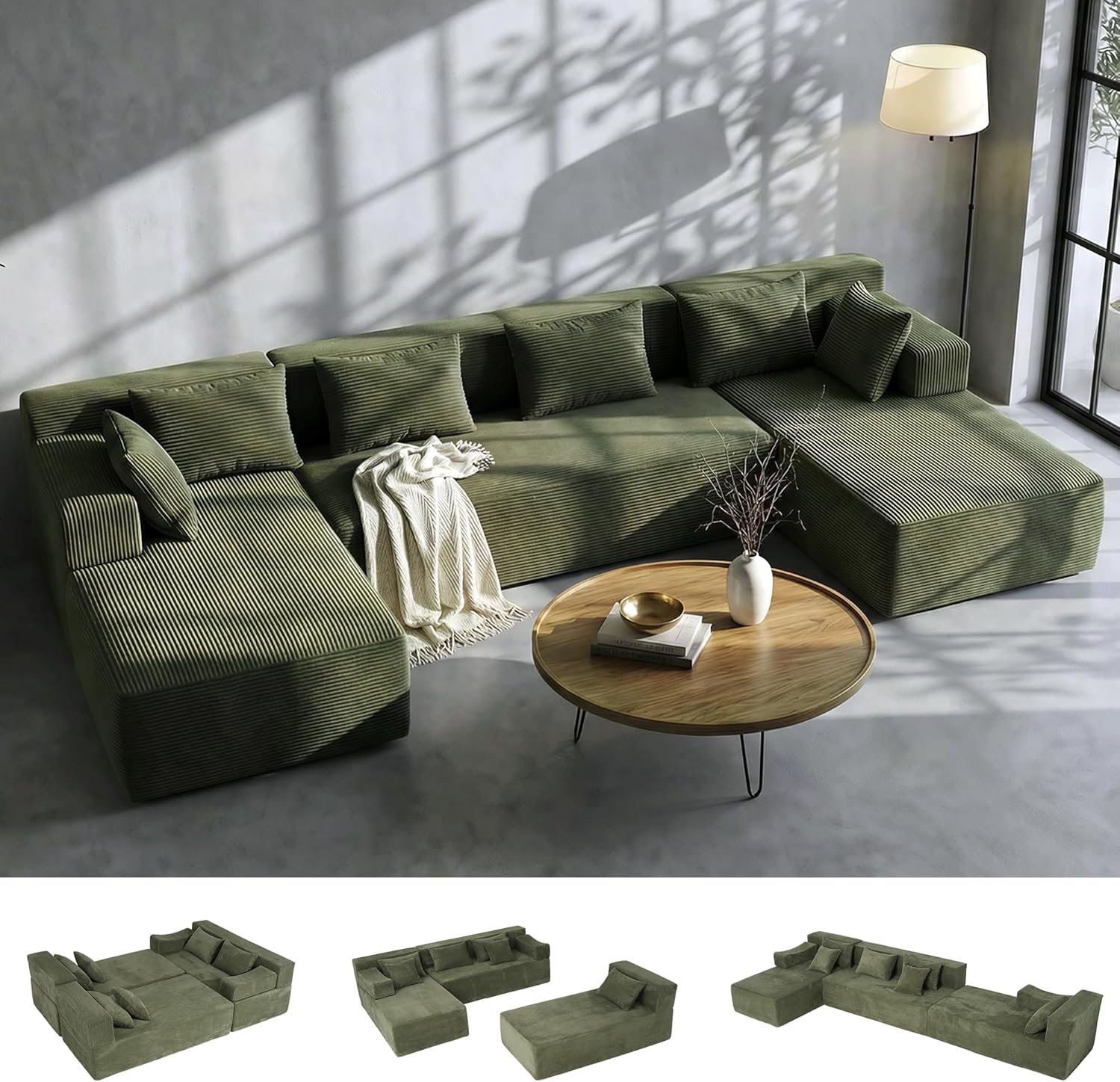 MONVANE 141'' Modular Sectional Sofa, PRO Version U-Shape Boneless Couch, Oversized Deep Seating Cloud Couch, No Assembly, High-Resilience Foam, Soft Corduroy Fabric, for Living Room Apartments Green