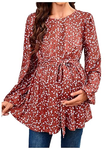 MakeMeChic Women's Maternity Blouse Floral Lantern Sleeve Crew Neck Belted