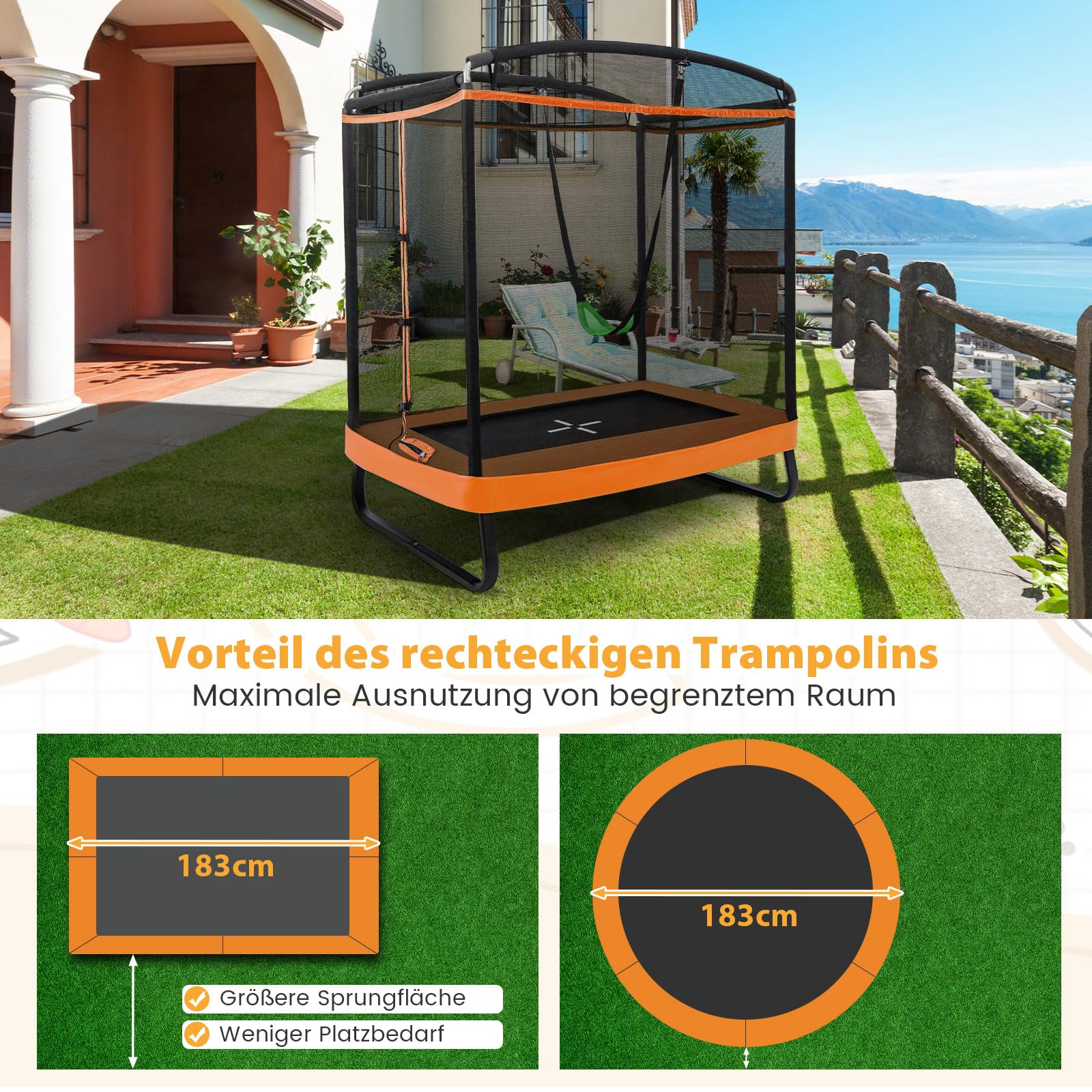 GYMAX 2 in 1 Trampolin, Freizeittrampolin mit Schaukel & Sicherheitsnetz, Kindertrampolin, Gartentrampolin, Outdoor-Trampolin für Kinder ab 3 Jahren, 190x122x210 cm