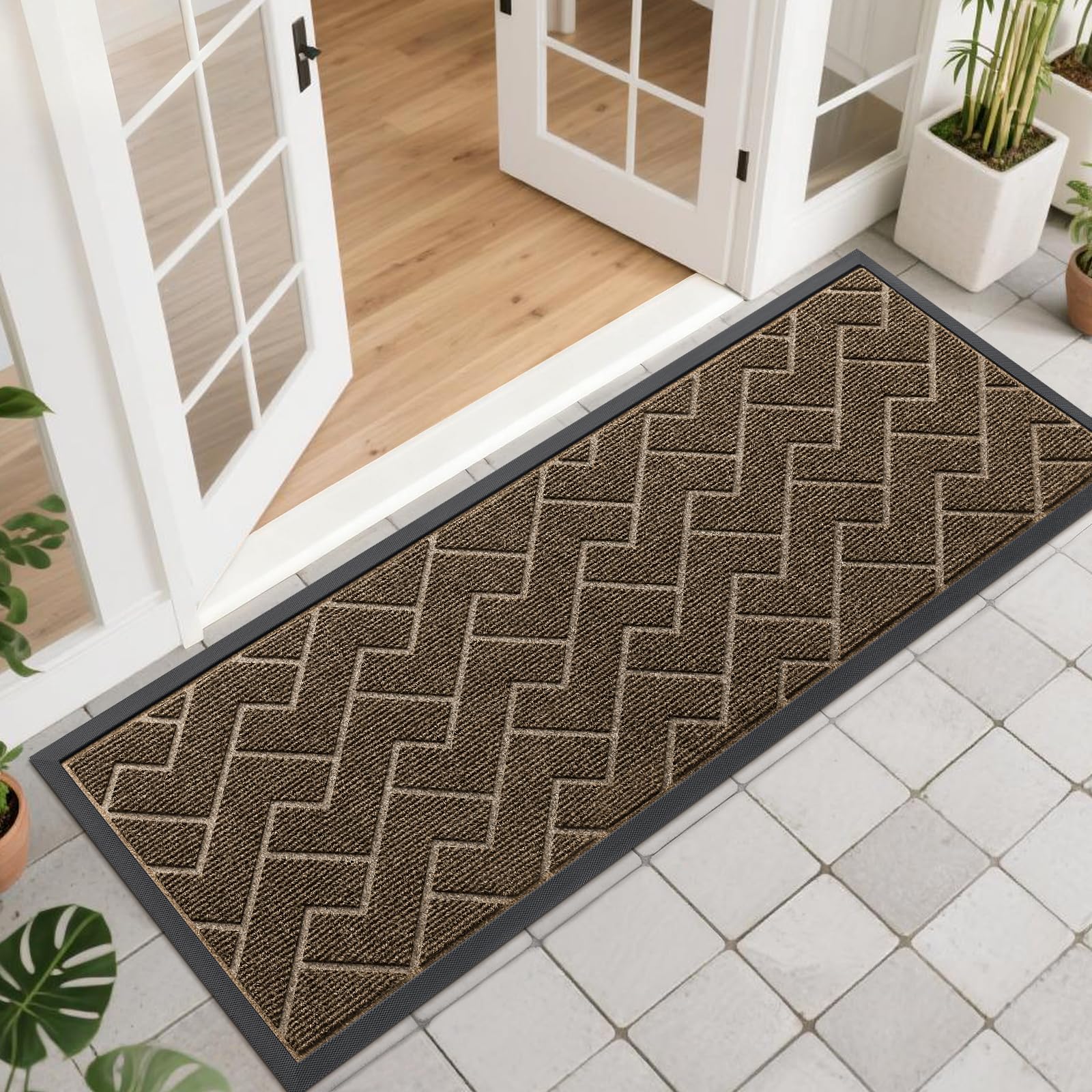 OLANLY Front Door Mat Indoor Outdoor Entrance, Waterproof All-Season, All-Weather Doormat, Sturdy Natural Rubber, Low Profile, Easy Clean Patio Porch Entryway Mat, Herringbone Brick (Brown, 47x17)