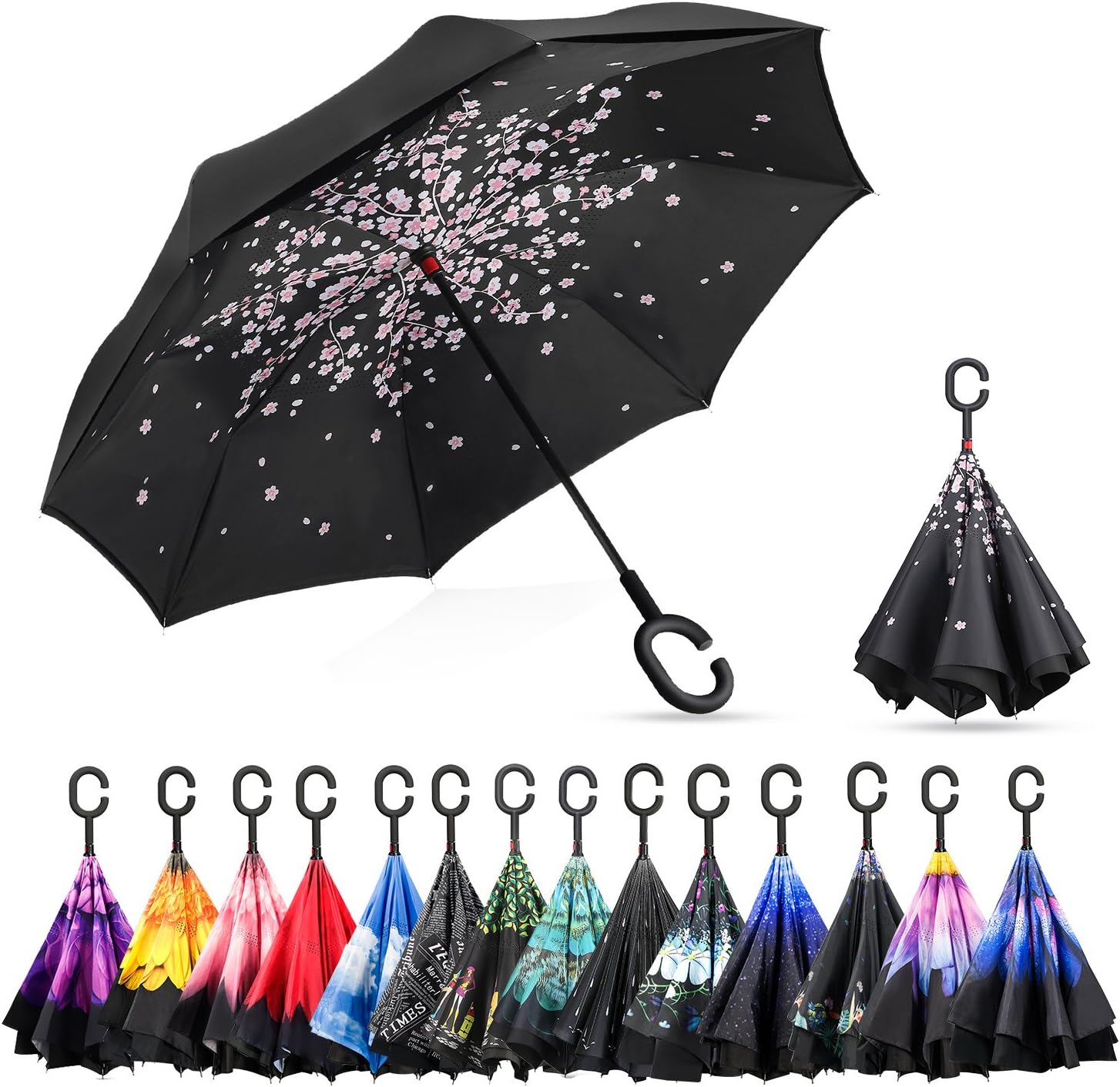 Elover Inverted Umbrella with C-Shaped Handle Inside Out Windproof Umbrella Upside Down Reverse Umbrella Double Layer Travel Umbrella