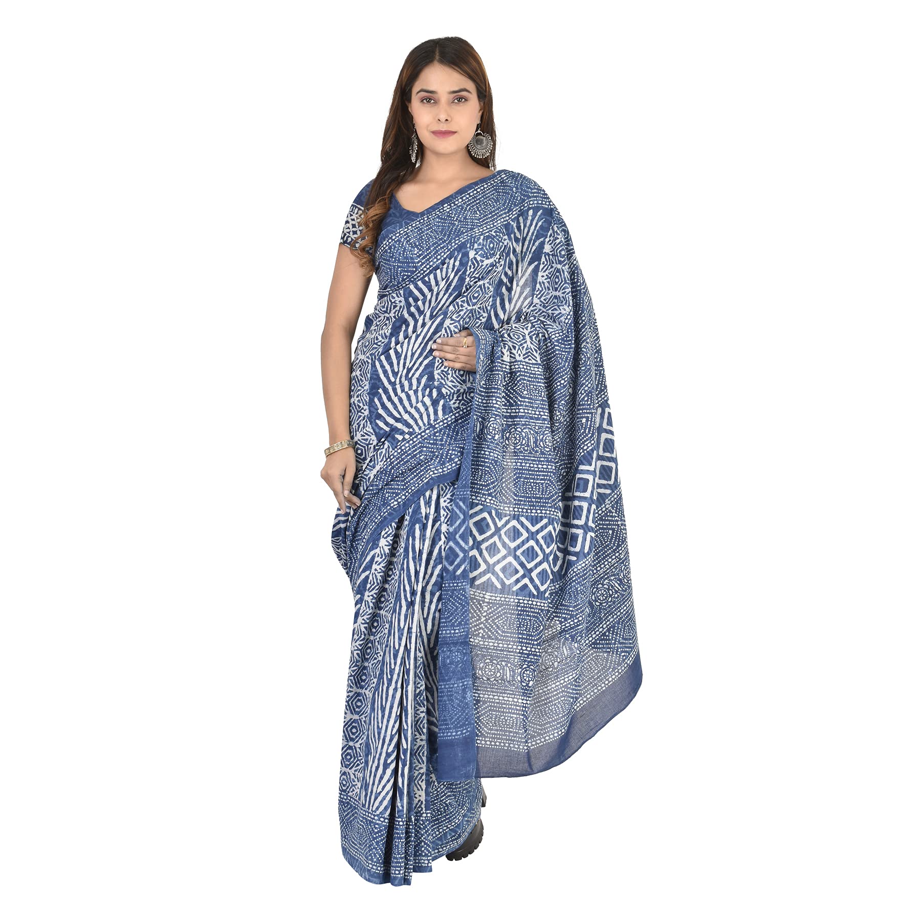 Gauraiya-गौरैया Women's छाप Collection- Hand Block Integrated Bagru Indigo Printed Cotton Saree with Indigo Blouse piece