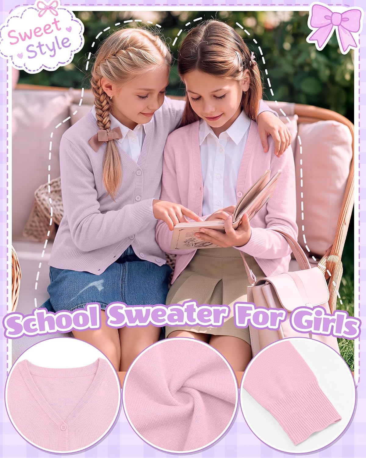 2 Pack Girls' Cardigan Kids School Uniform Sweaters