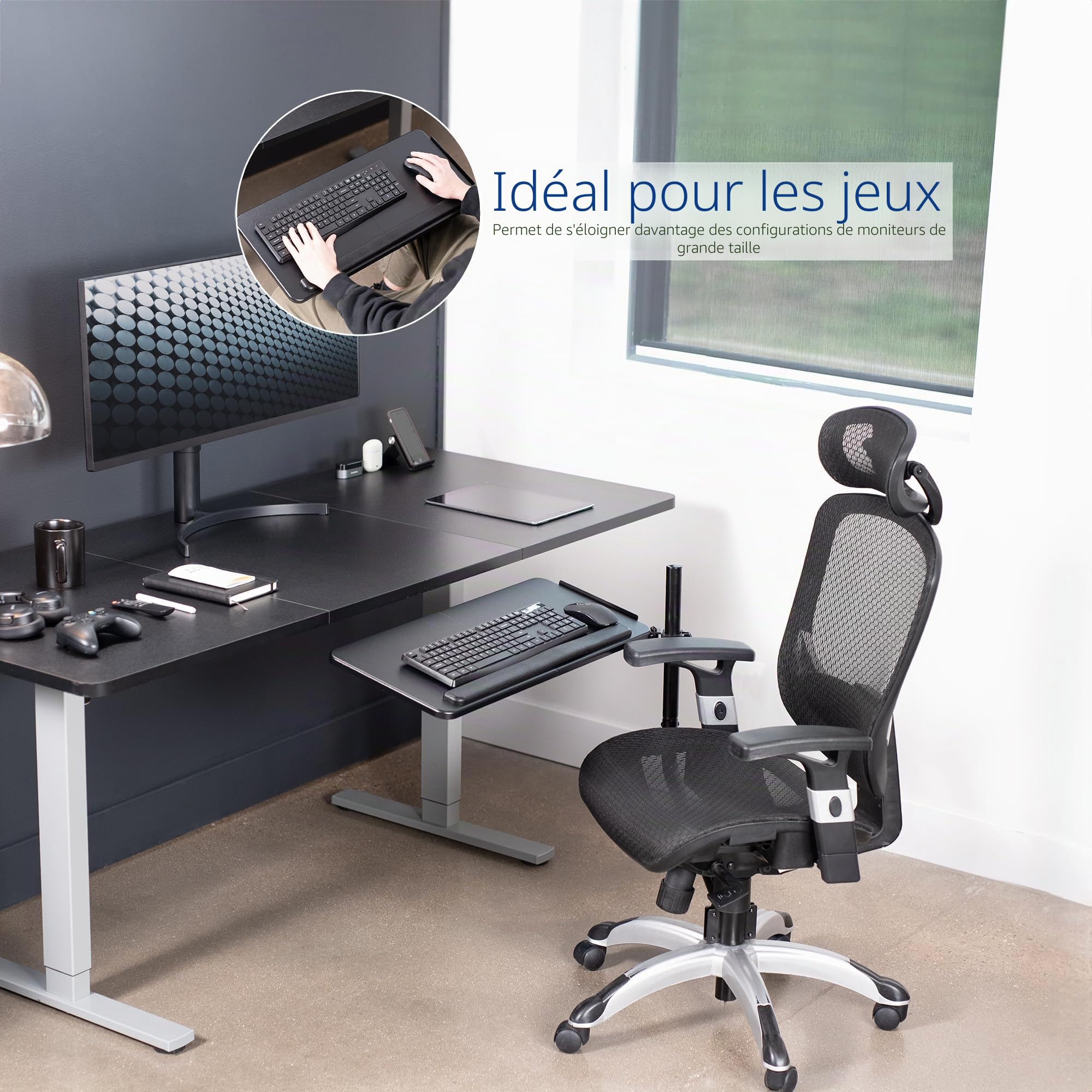 VIVO MOUNT-KB08C Plateau pour clavier et souris monté sur chaise de bureau 66 x 30,5 cm, inclinaison ergonomique, mouvement complet, rotation à 360 degrés, noir