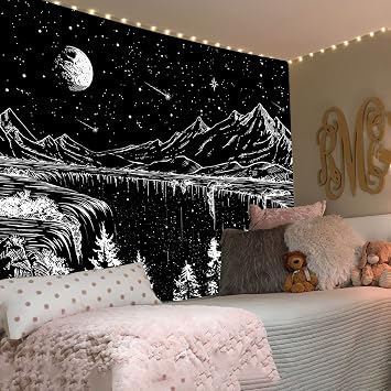 Simpkeely Black and White Tapestry Starry Night Tapestry Mountain Moon Stars Wall Hanging Tapestries for Bedroom Living Room - 130cm x 150cm