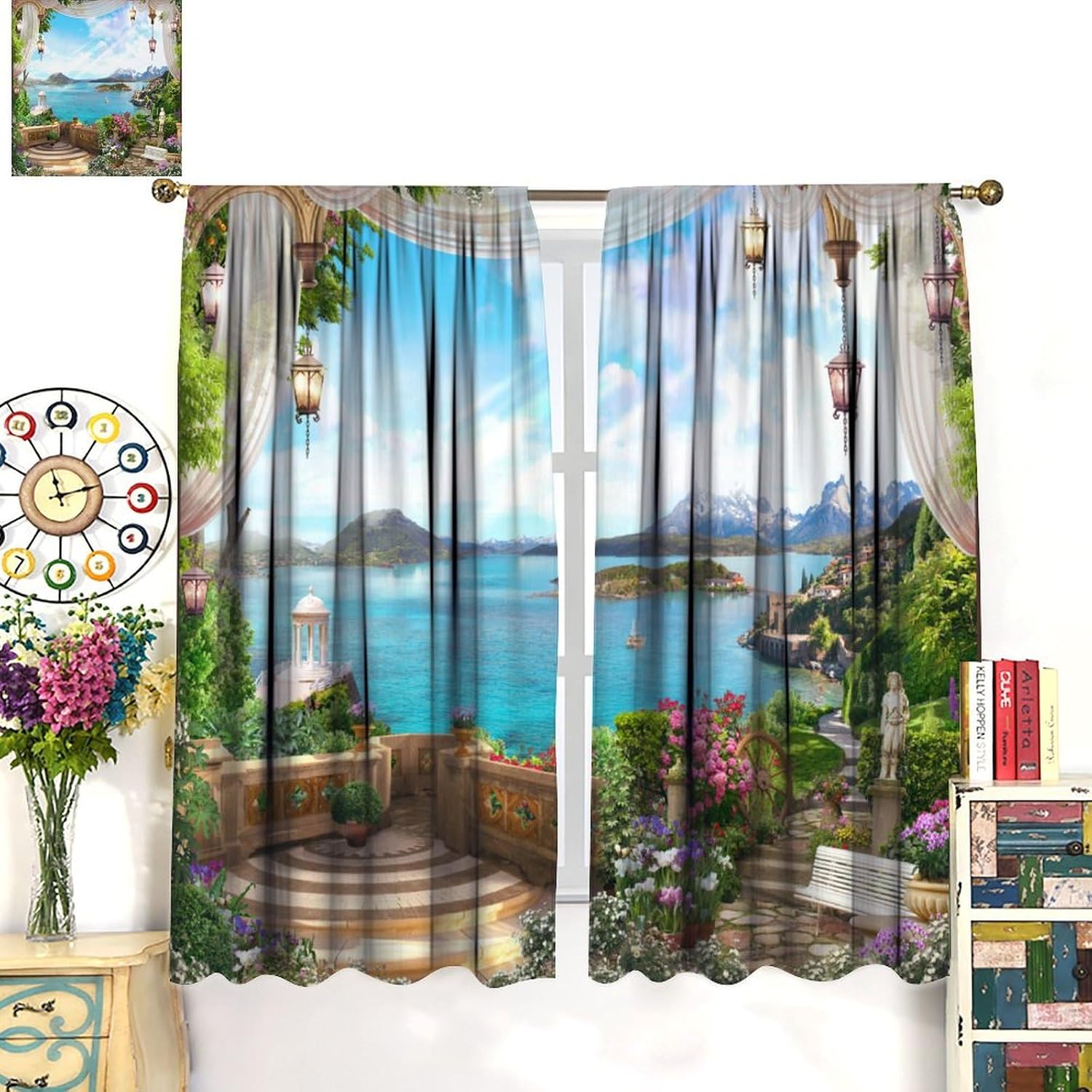 Ocean Landscape Curtains Fantasy Castle Palace Colorful Flowers Sea Boat Pattern Blackout Print Rod Pocket Window Drapes for Bedroom Living Room 63x72in