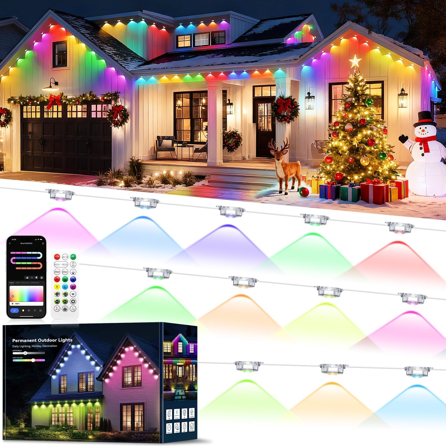 Permanent Outdoor Lights for Christmas, RGB+IC Smart Outdoor Lights for House, 150ft with 75 LED, IP67 Waterproof LED Lights for New Year Holiday Decorations, Work with Remote, APP