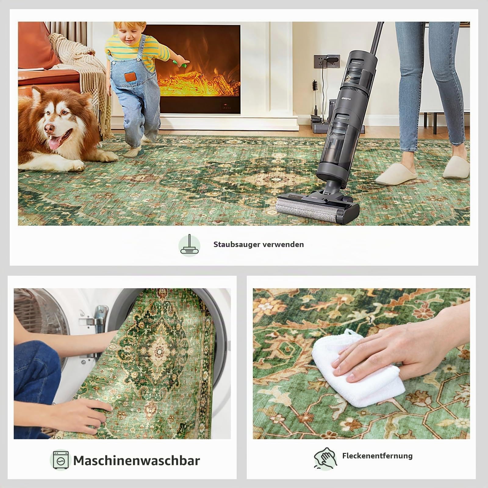 Grüner Teppich, Teppich für Wohnzimmer und Schlafzimmer, waschbarer orientalischer Teppich im Vintage-Stil, rutschfeste Teppiche, Teppich im Used-Look für Esszimmer (Bordüre), 120 x 170 cm